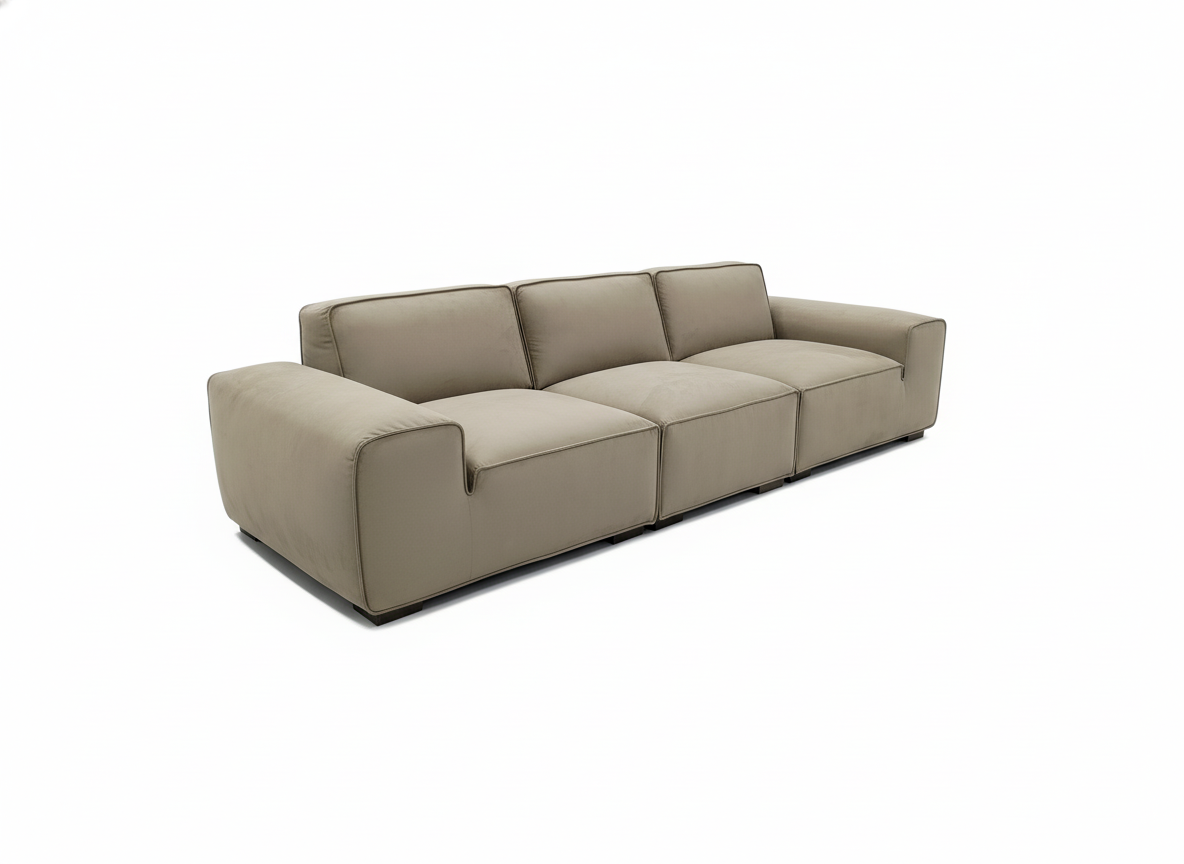 Sofá modular beige de 3 plazas con diseño moderno y minimalista sobre fondo blanco