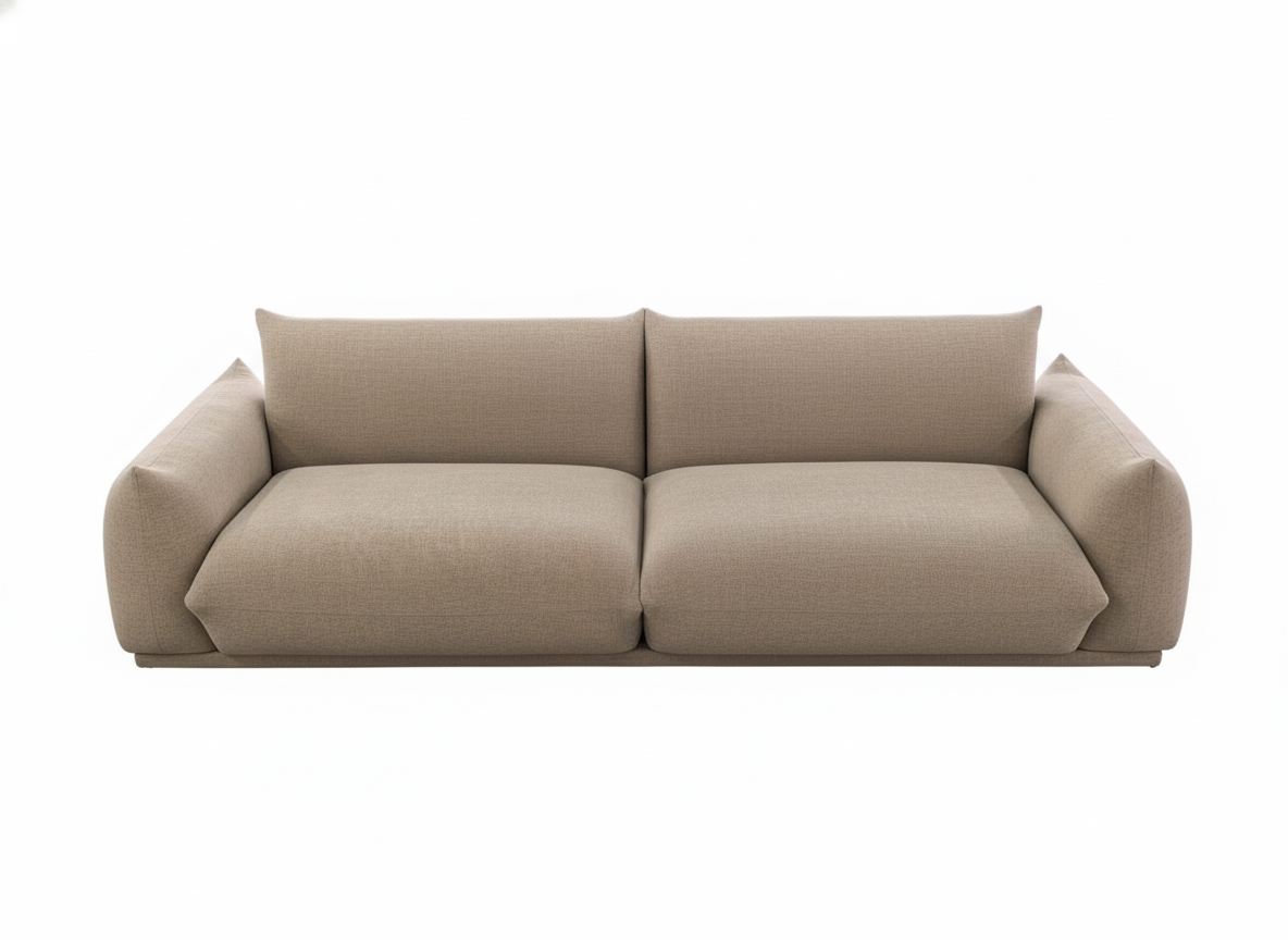 Sofá moderno de 2 plazas con tapicería beige, cojines mullidos y diseño minimalista en fondo blanco