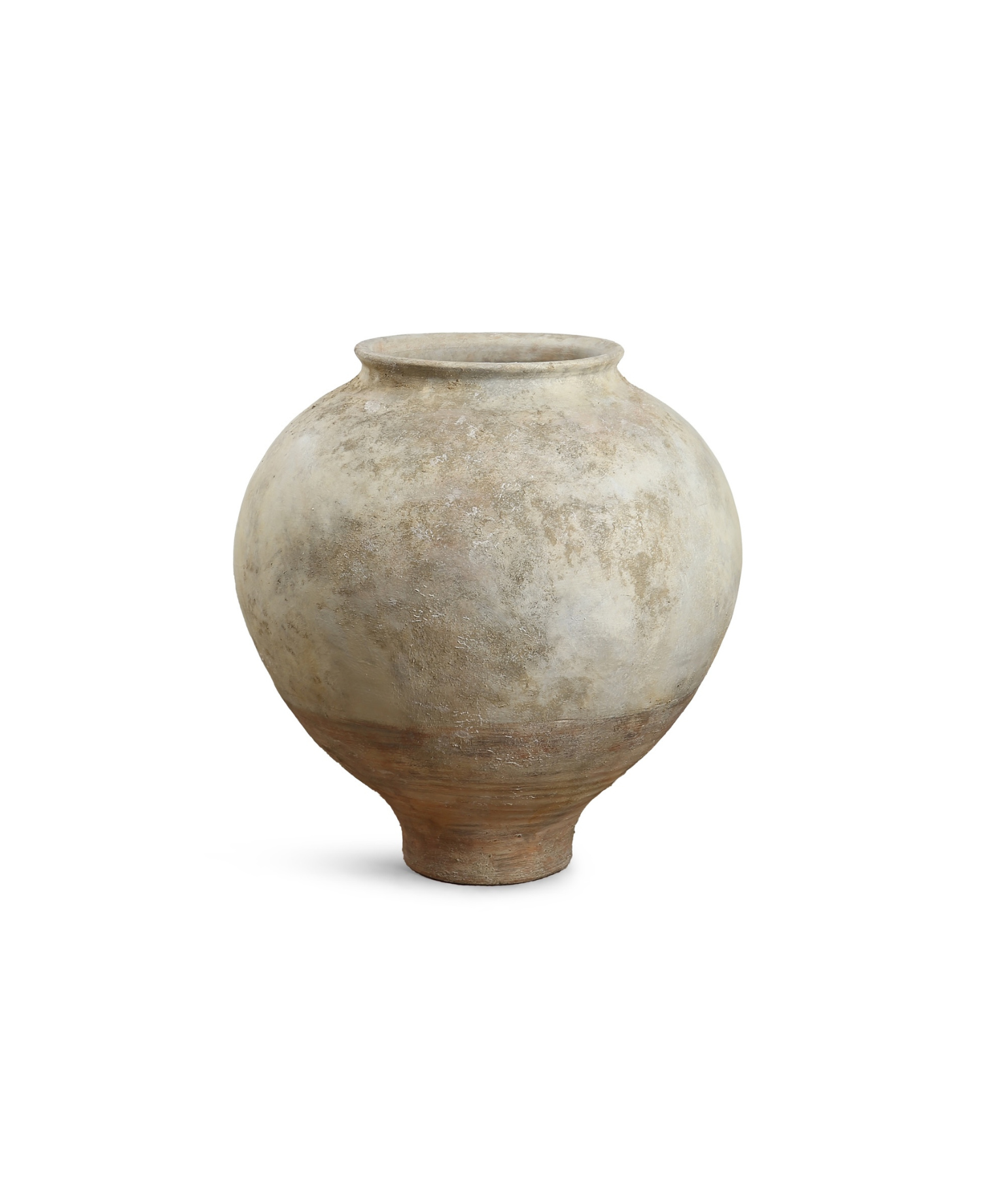 Matero esférico grande de terracota color crema con base natural para exterior e interior