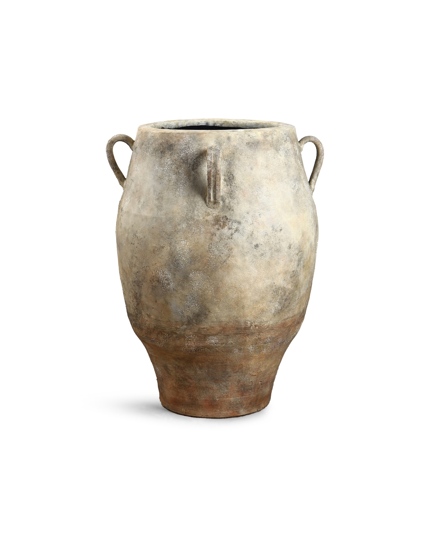 Matero ánfora de terracota envejecida con asas, estilo rústico elegante para jardín y terraza.