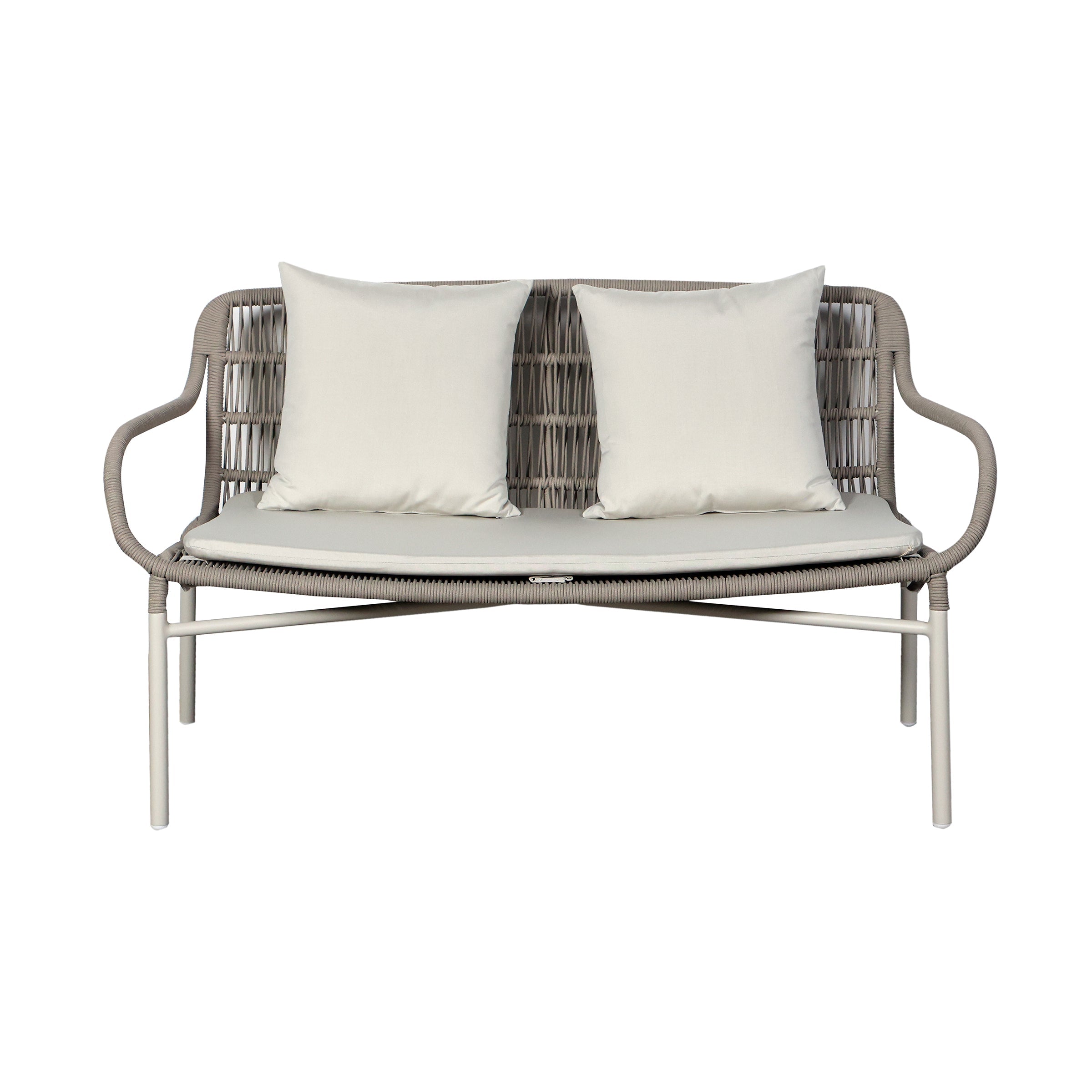 Sofá exterior gris claro de dos plazas cómodo - Vilá Decoración - Muebles y decoración en Medellín y Colombia