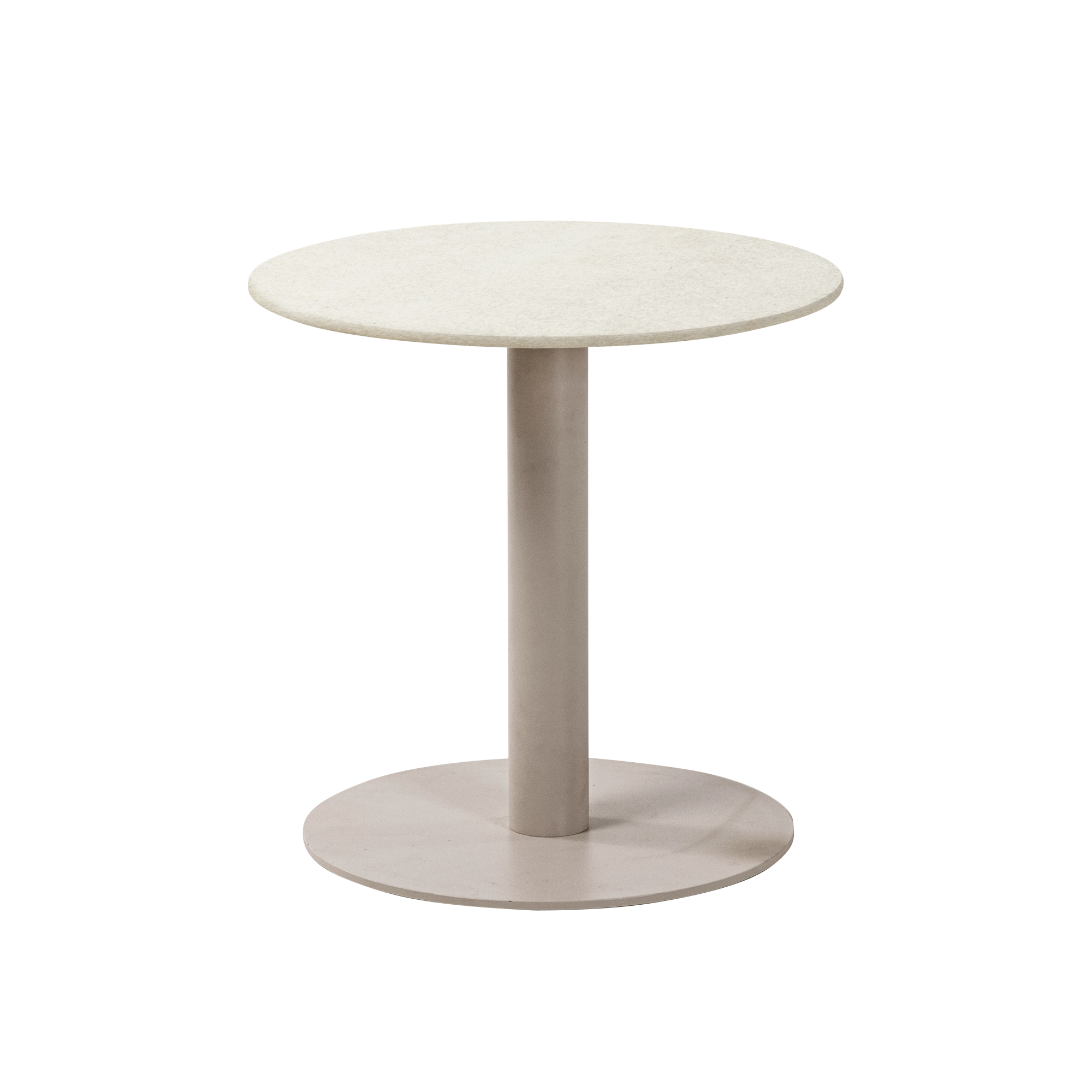 Mesa auxiliar redonda Vilá Decoración con tapa de piedra sinterizada y base de aluminio en color claro.