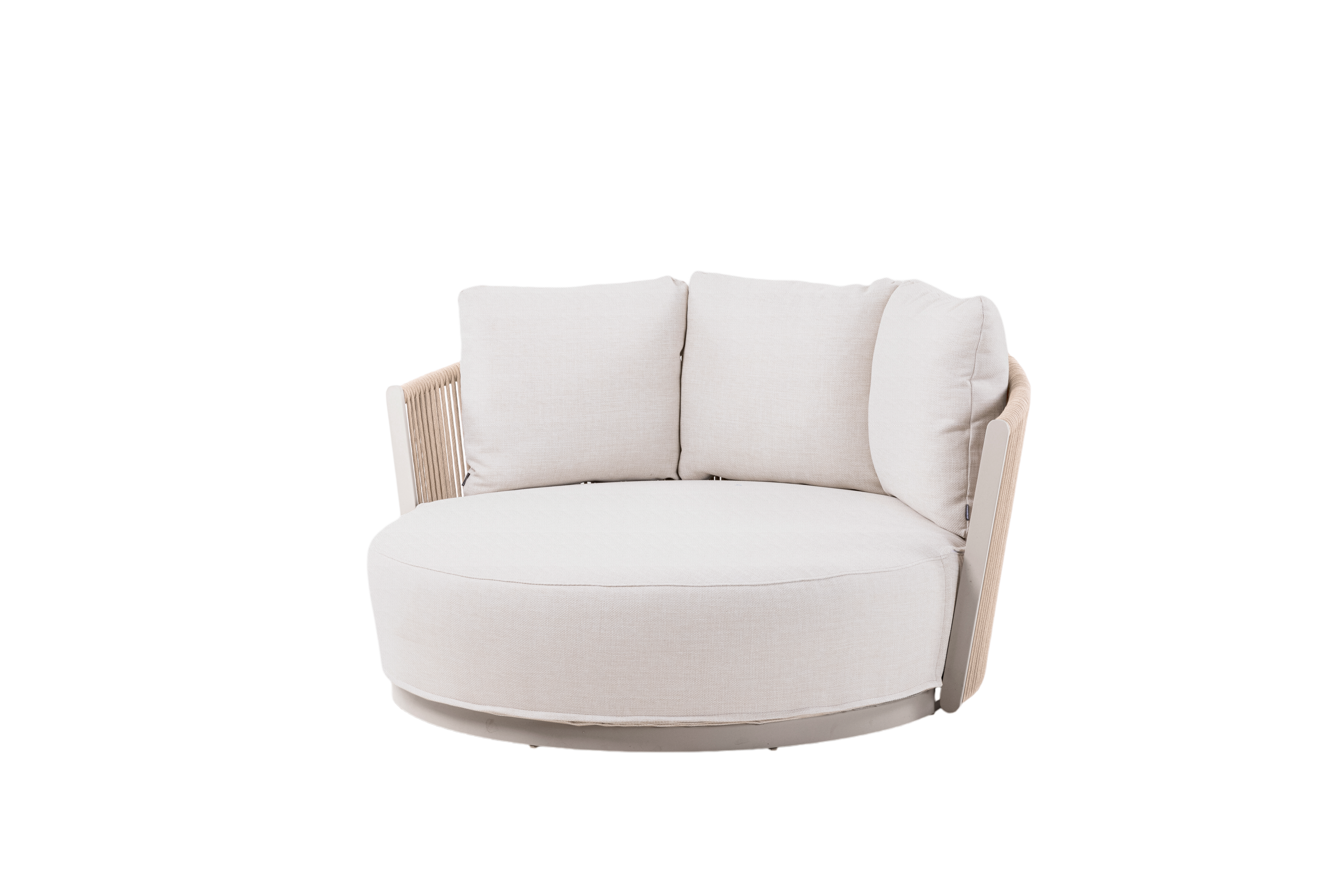 Cama redonda de exterior Vilá Decoración con estructura de aluminio y detalles en cuerda acrílica, color crema.