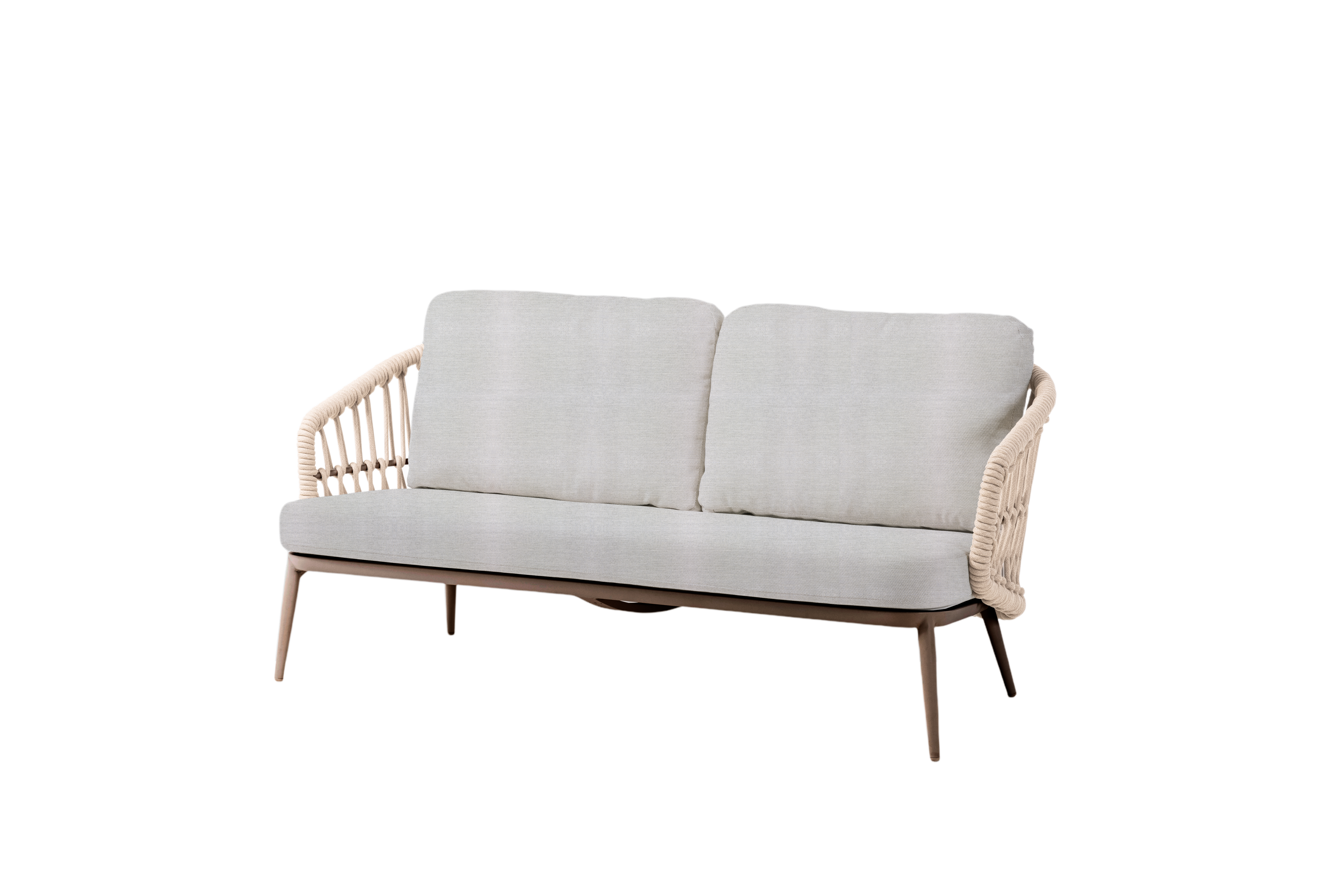 Sofá Vilá Decoración de color gris claro con estructura de aluminio y detalles en cuerda acrílica.