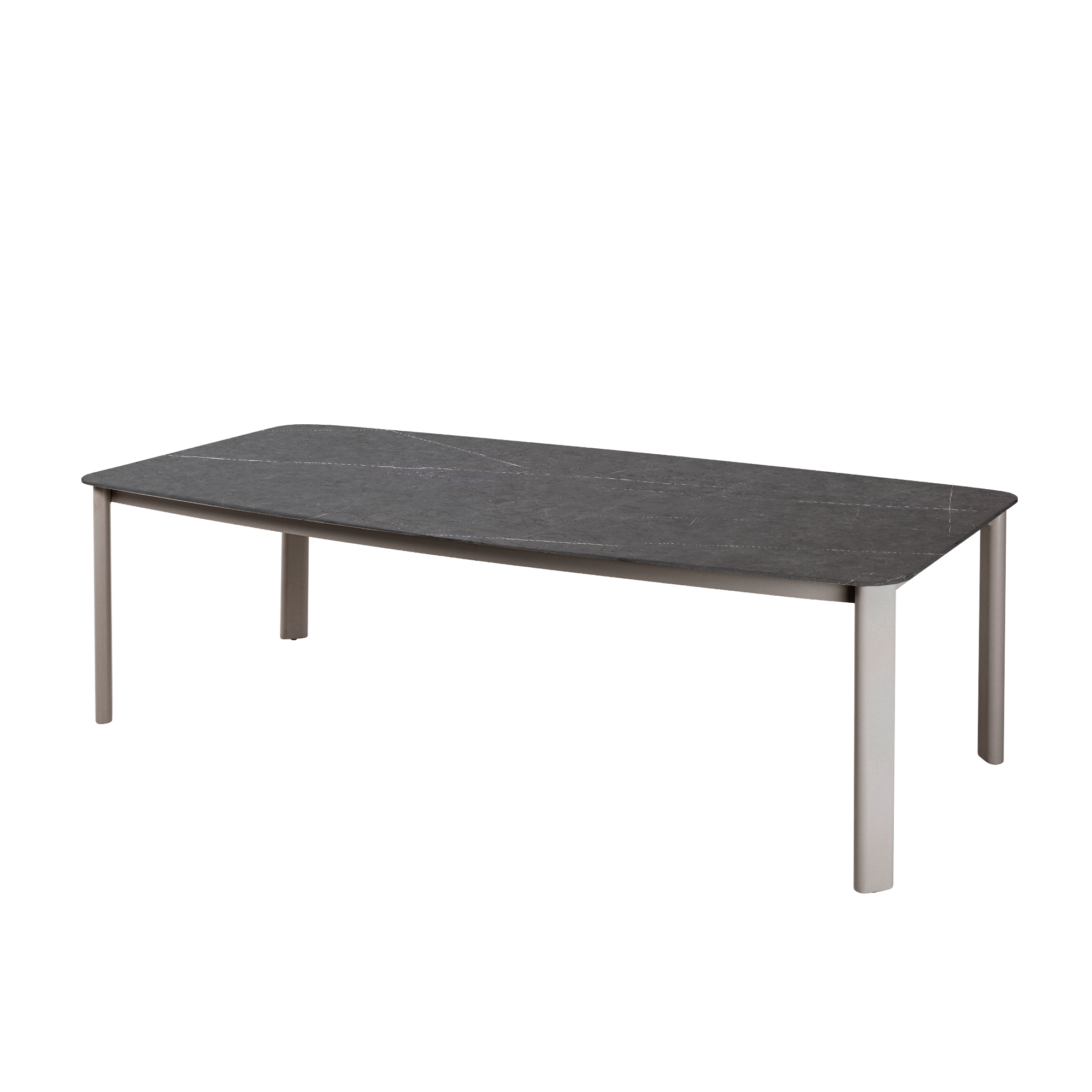 Mesa de comedor Vilá Decoración con tapa de piedra sinterizada gris y estructura de aluminio.
