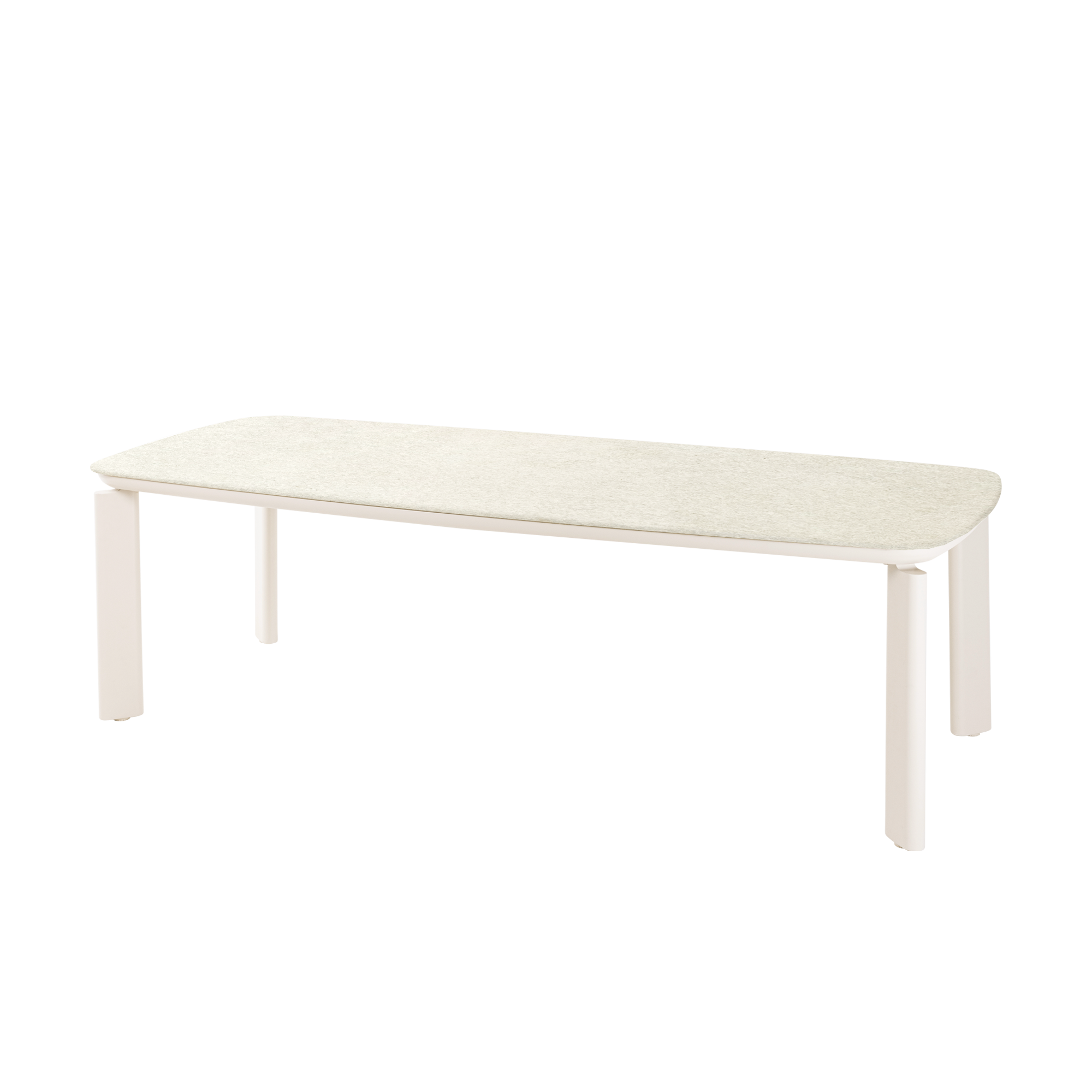 Mesa de comedor Vilá Decoración con tapa de piedra sinterizada y estructura de aluminio en color claro.