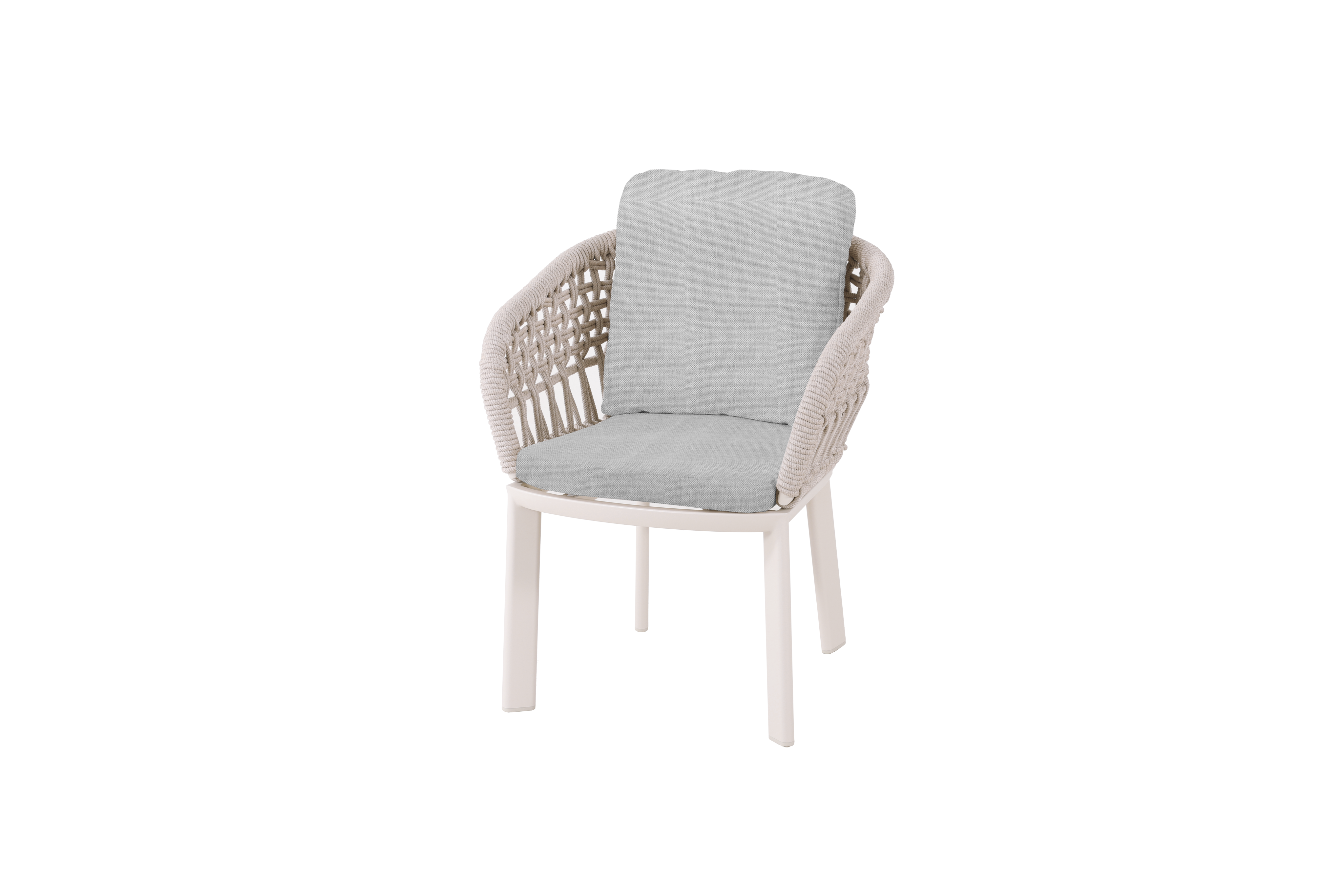 Silla de Vilá Decoración con estructura de aluminio color crema y detalles en cuerda acrílica. Asiento y respaldo con cojines grises.