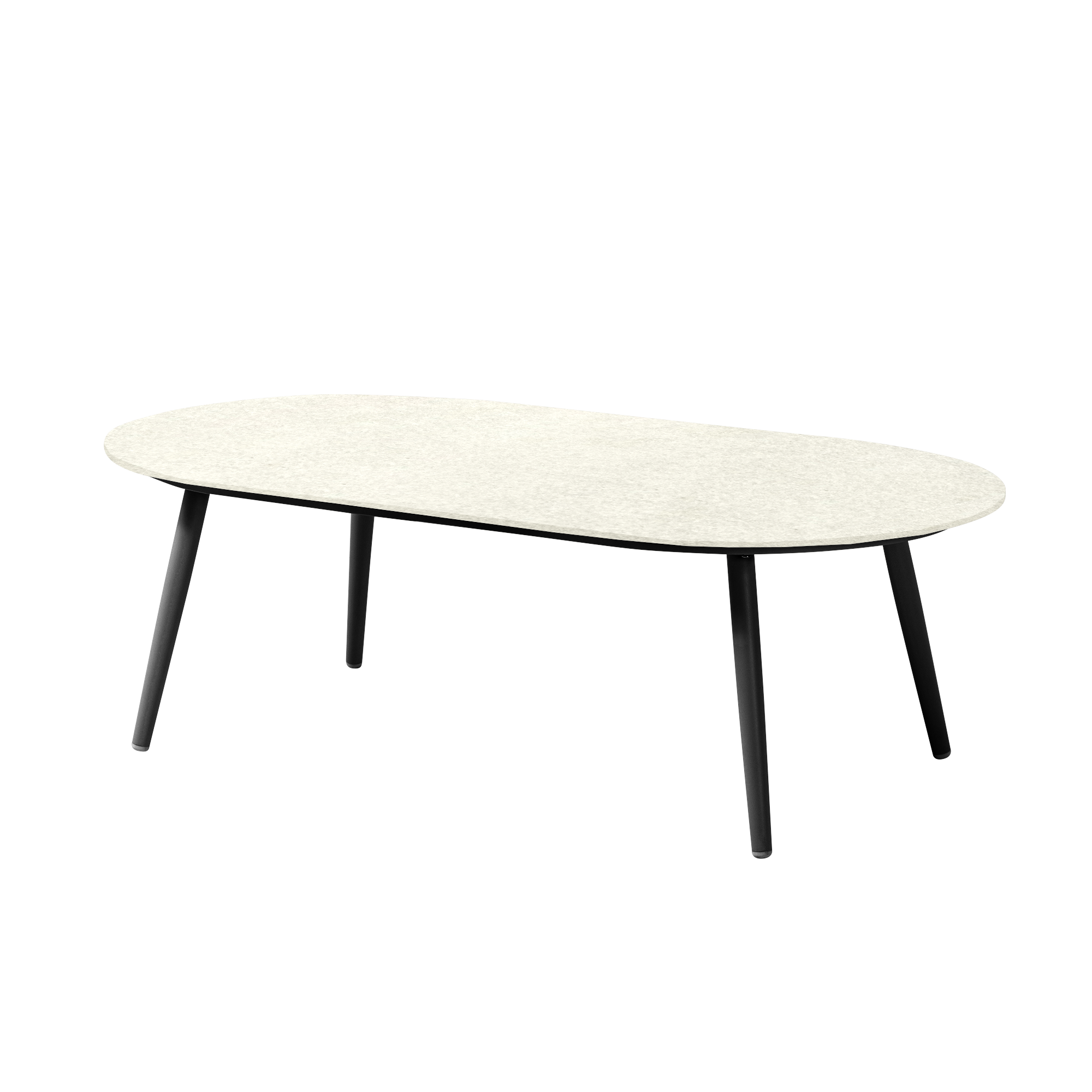 Mesa de centro Vilá Decoración con tapa de piedra sinterizada color crema y patas de aluminio negras.