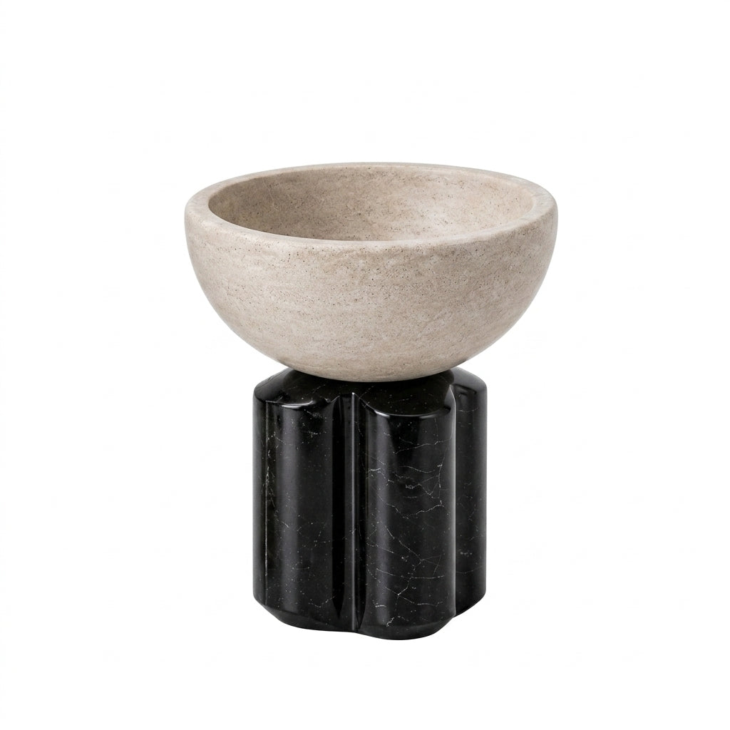 Bol decorativo G1011 de lujo con base de mármol negro estriado y cuenco de piedra natural beige.
