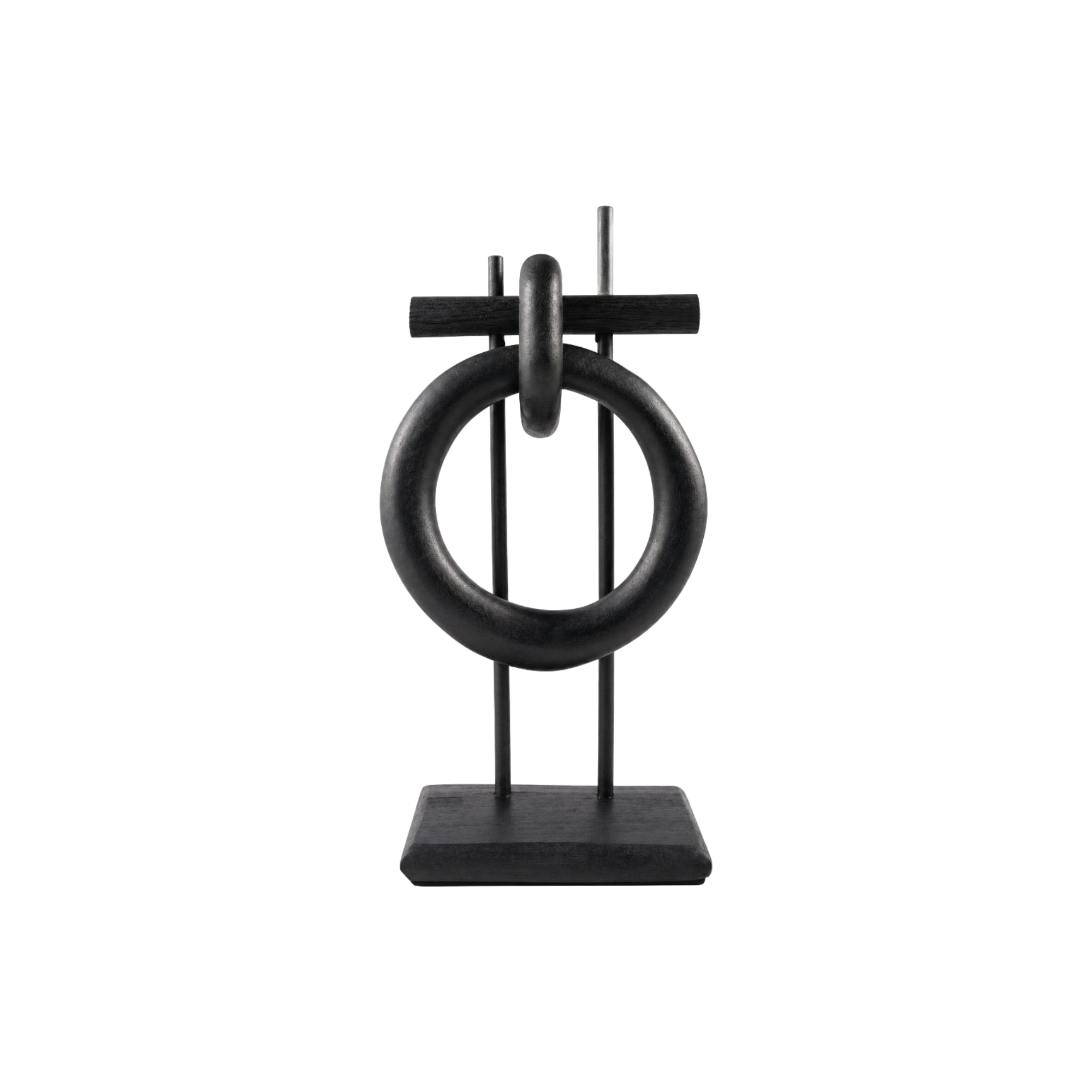 Escultura abstracta negra moderna con anillos entrelazados sobre base cuadrada para decoración de lujo.