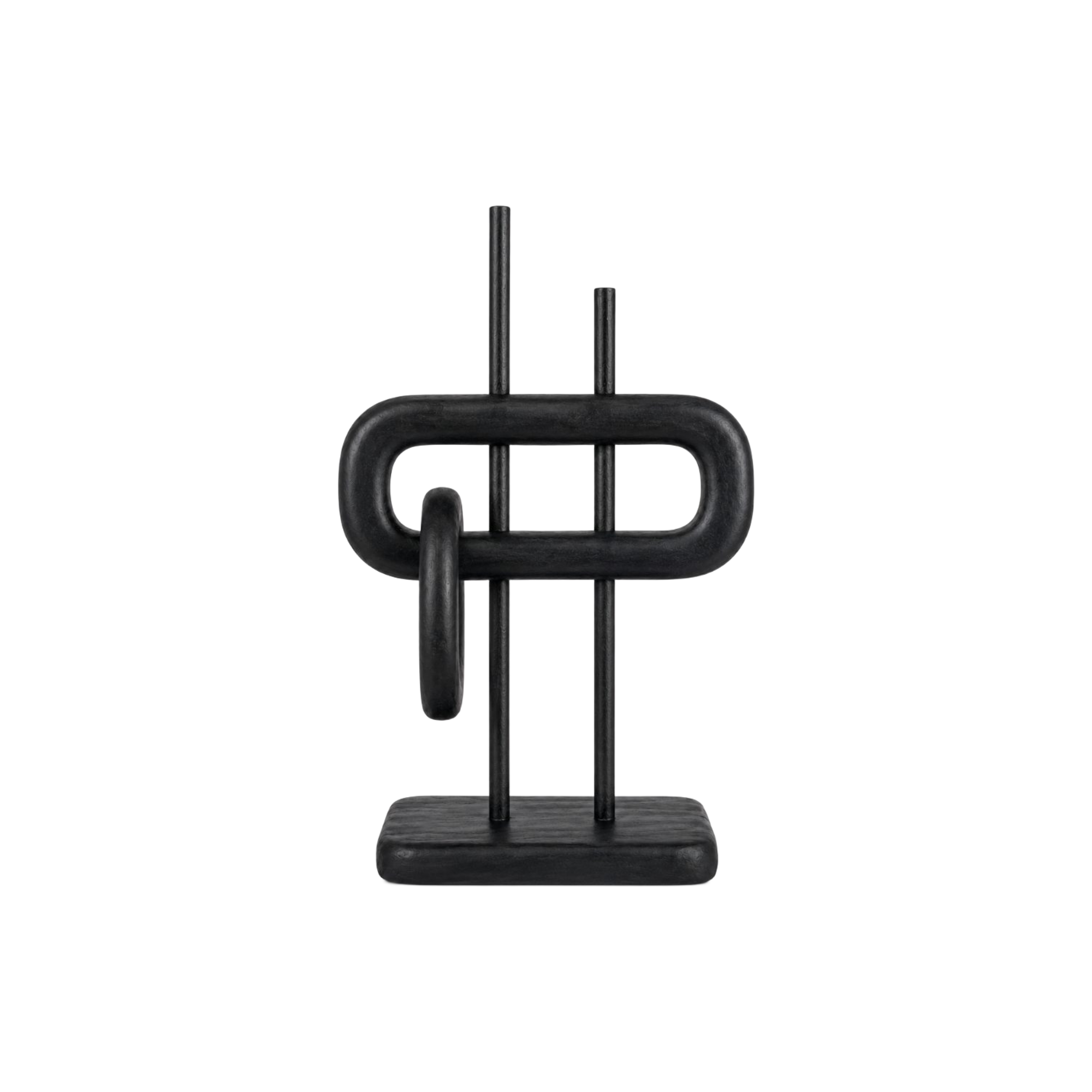 Escultura abstracta negra de diseño moderno y elegante, perfecta para decoración de interiores contemporáneos.