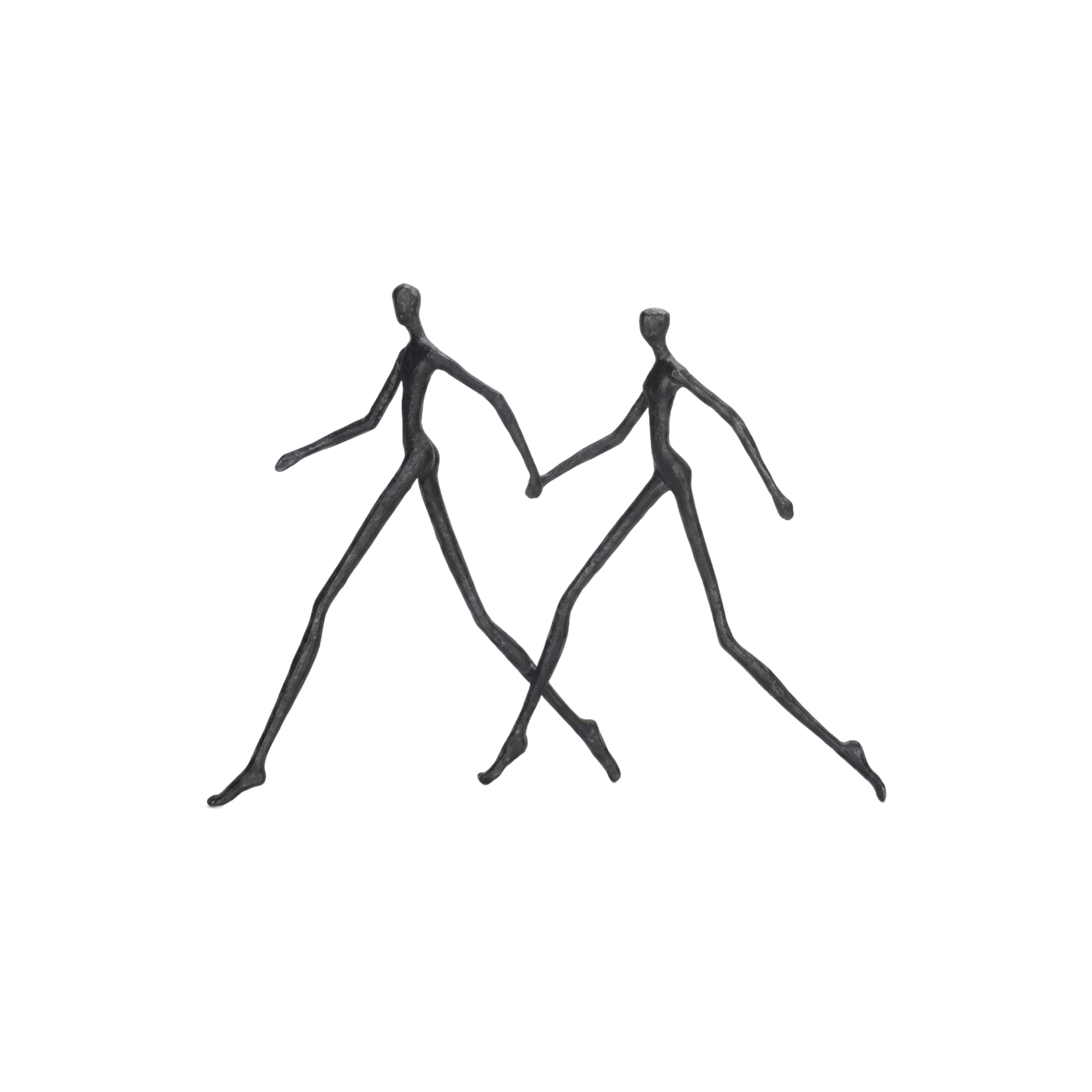Escultura de pareja abstracta moderna en color oscuro, figuras delgadas tomadas de la mano, decoración elegante.