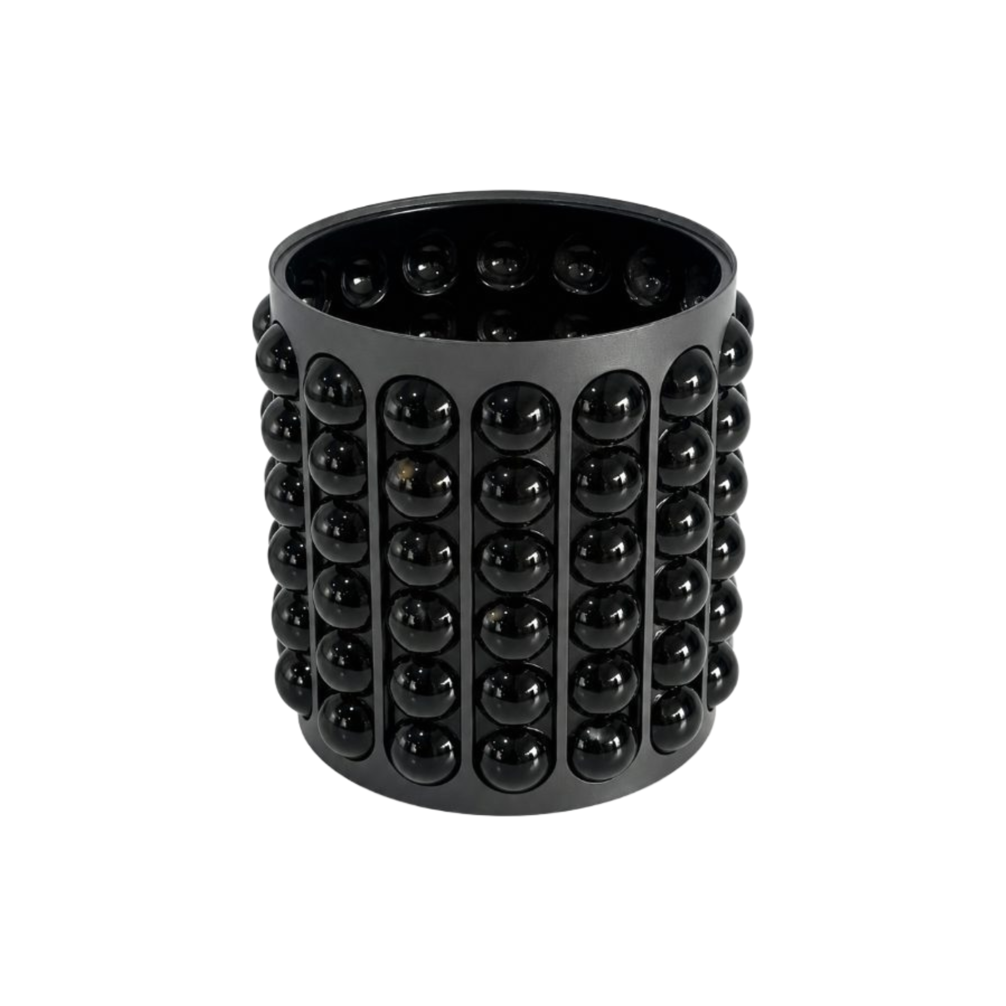 Jarrón decorativo negro con esferas pulidas, vista frontal mostrando textura y brillo.