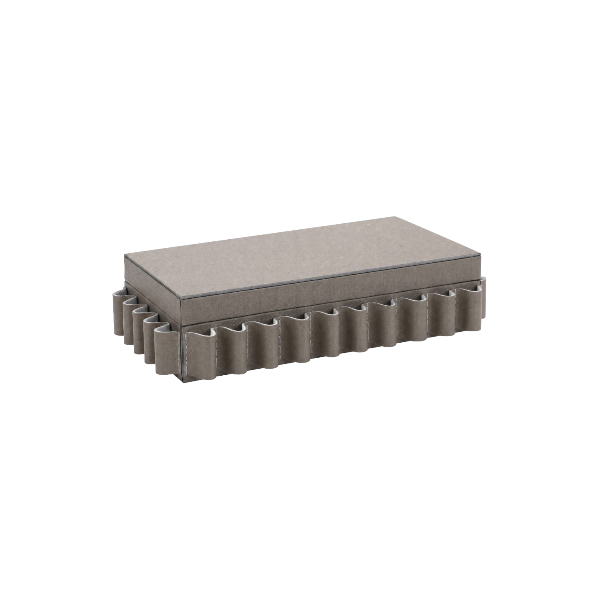 Cofre decorativo rectangular de lujo con base ondulada en tono neutro para joyas y accesorios.
