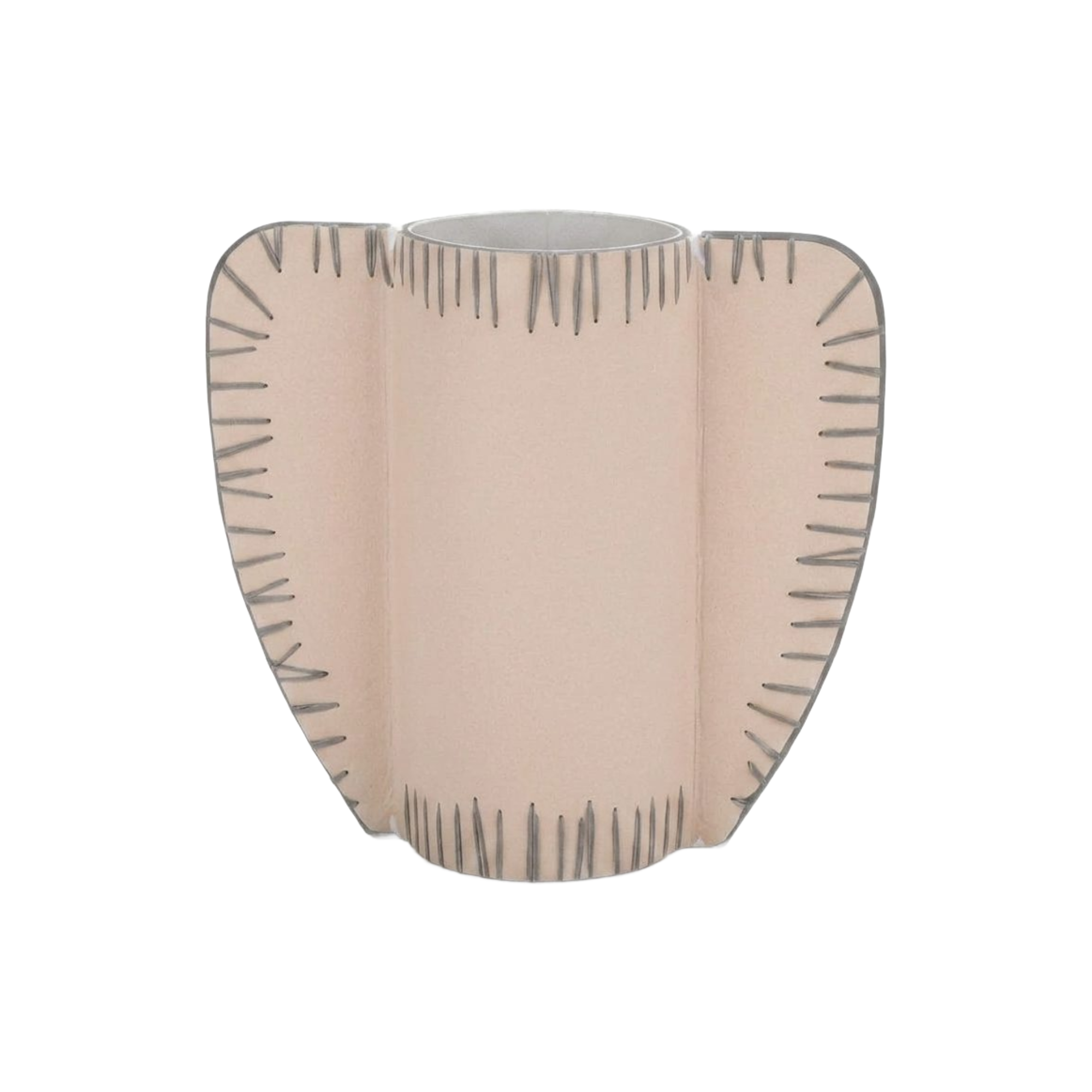 Jarrón decorativo de cerámica rosa palo con diseño abstracto moderno y líneas grises