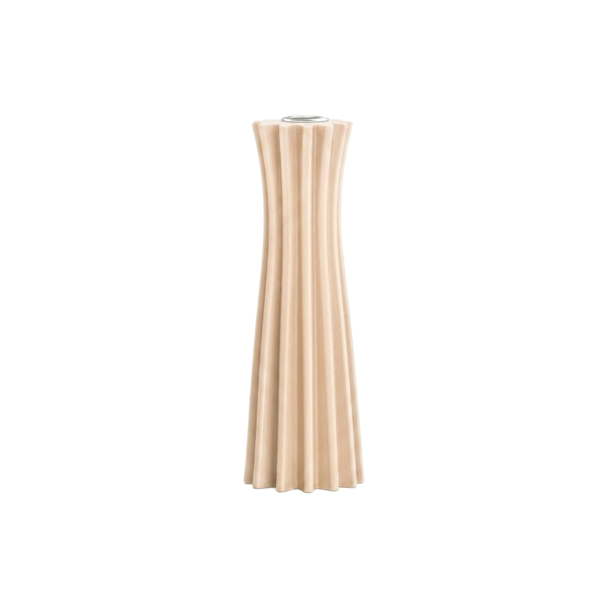 Jarrón decorativo grande estriado en color beige claro, perfil frontal elegante para interiores modernos.