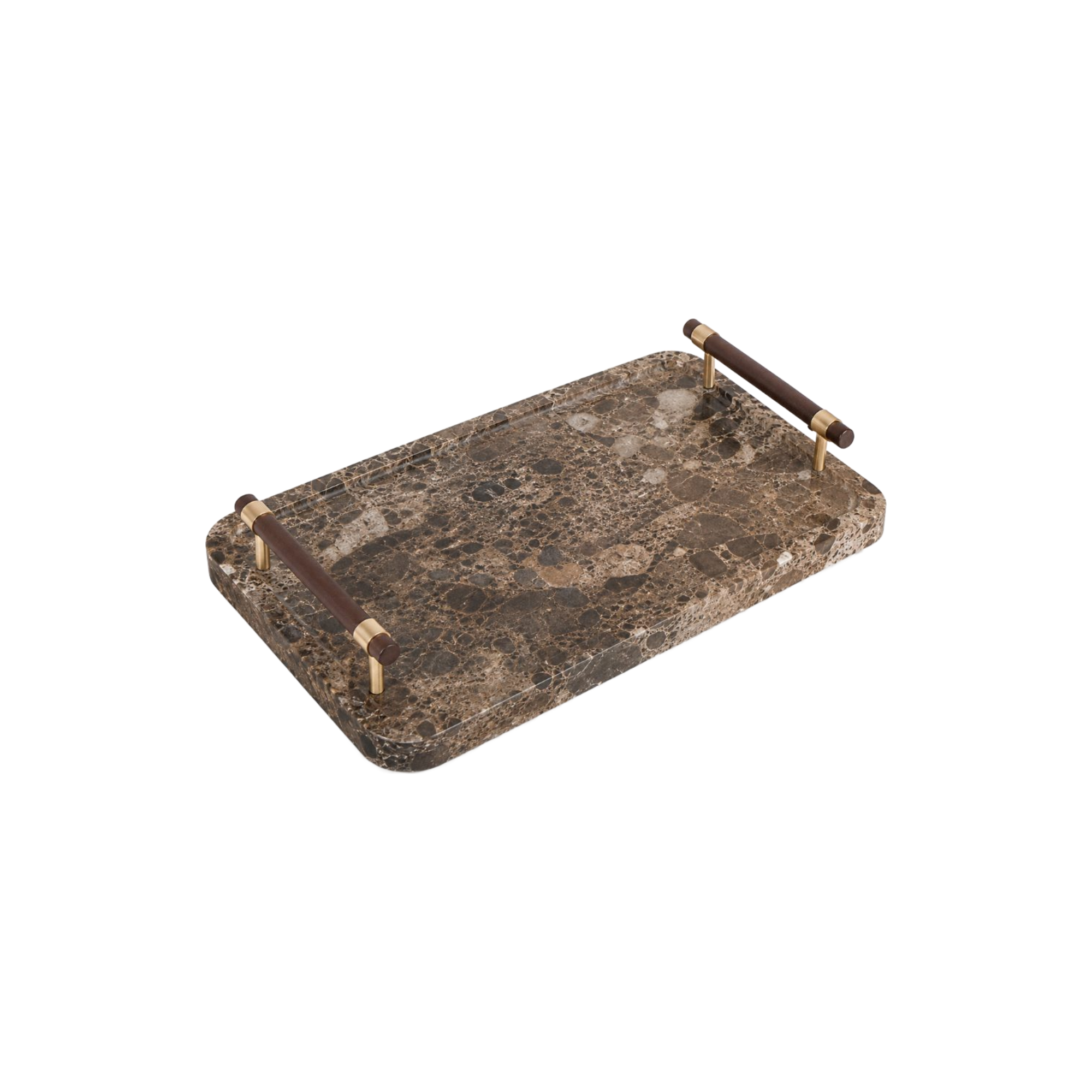 Bandeja rectangular de mármol veteado oscuro con asas de cuero marrón y detalles en latón.