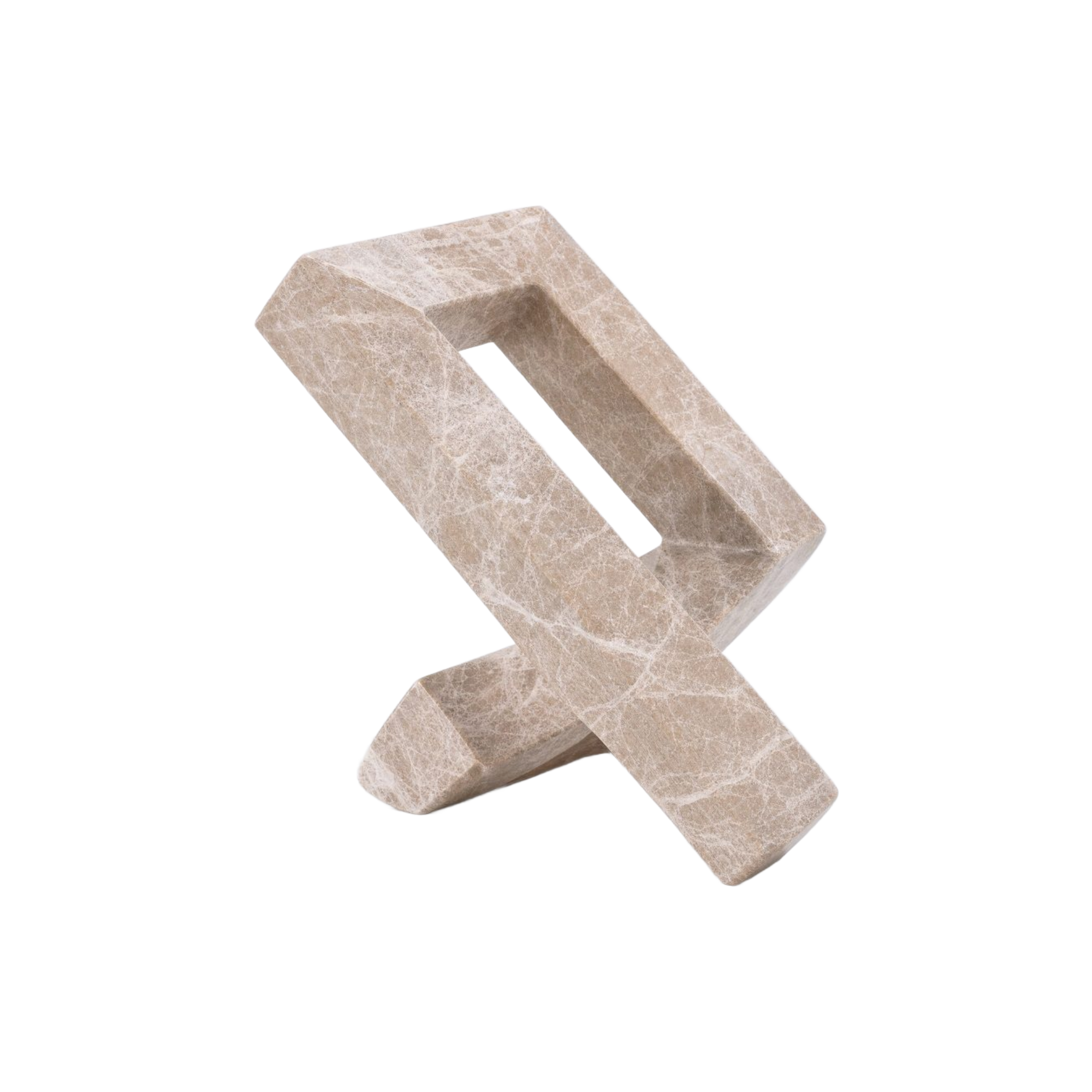 Figura decorativa geométrica de mármol beige con vetas, diseño moderno y exclusivo para el hogar.