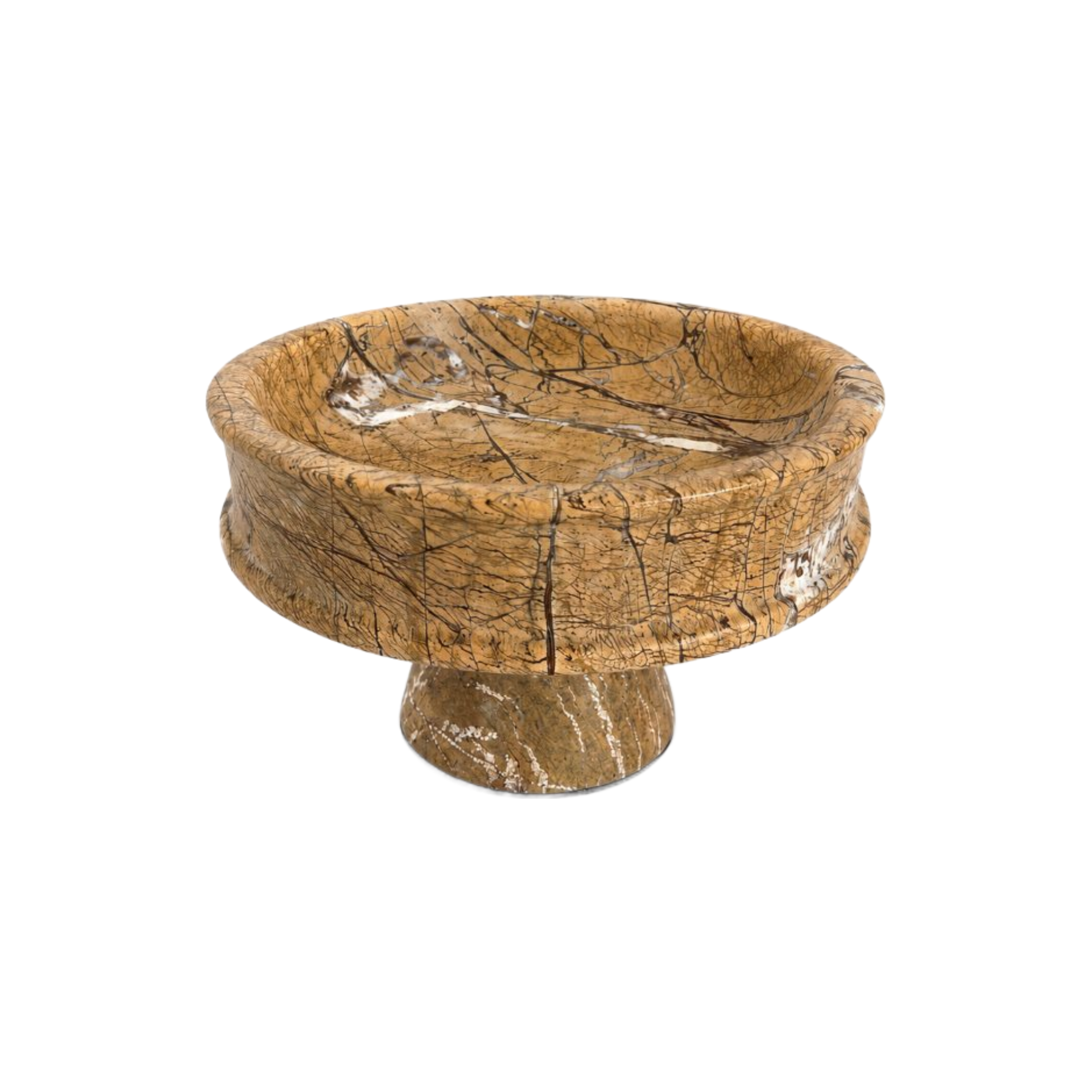 Bol decorativo de mármol beige y marrón con vetas oscuras y blancas sobre pedestal redondo, ideal para decoración de lujo.