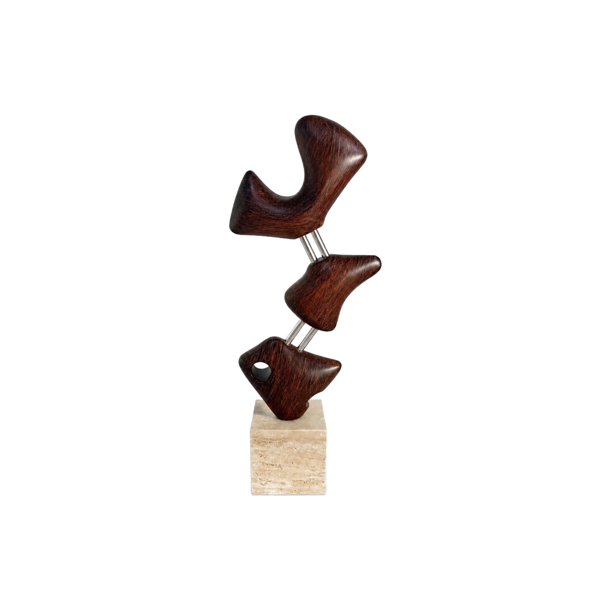 Escultura abstracta moderna de madera oscura y metal sobre base de piedra natural. Arte decorativo.