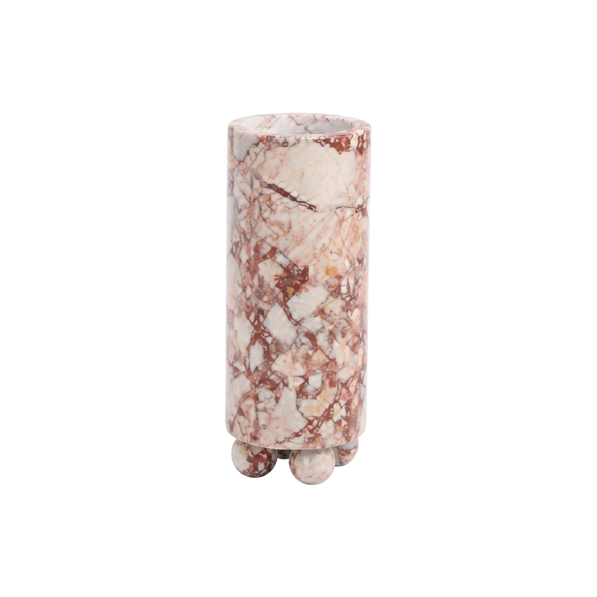 Jarrón decorativo cilíndrico de mármol Breccia con vetas rojizas y blancas, sobre patas esféricas.