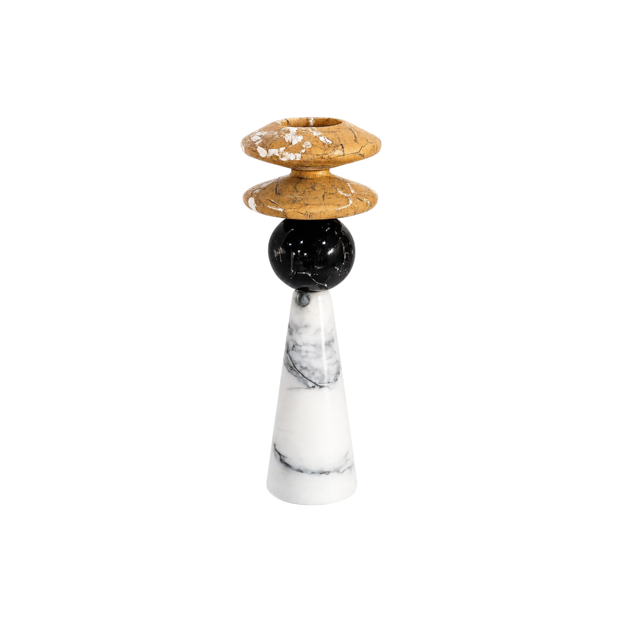 Candelabro grande de mármol blanco y negro, con detalles dorados y textura rústica.