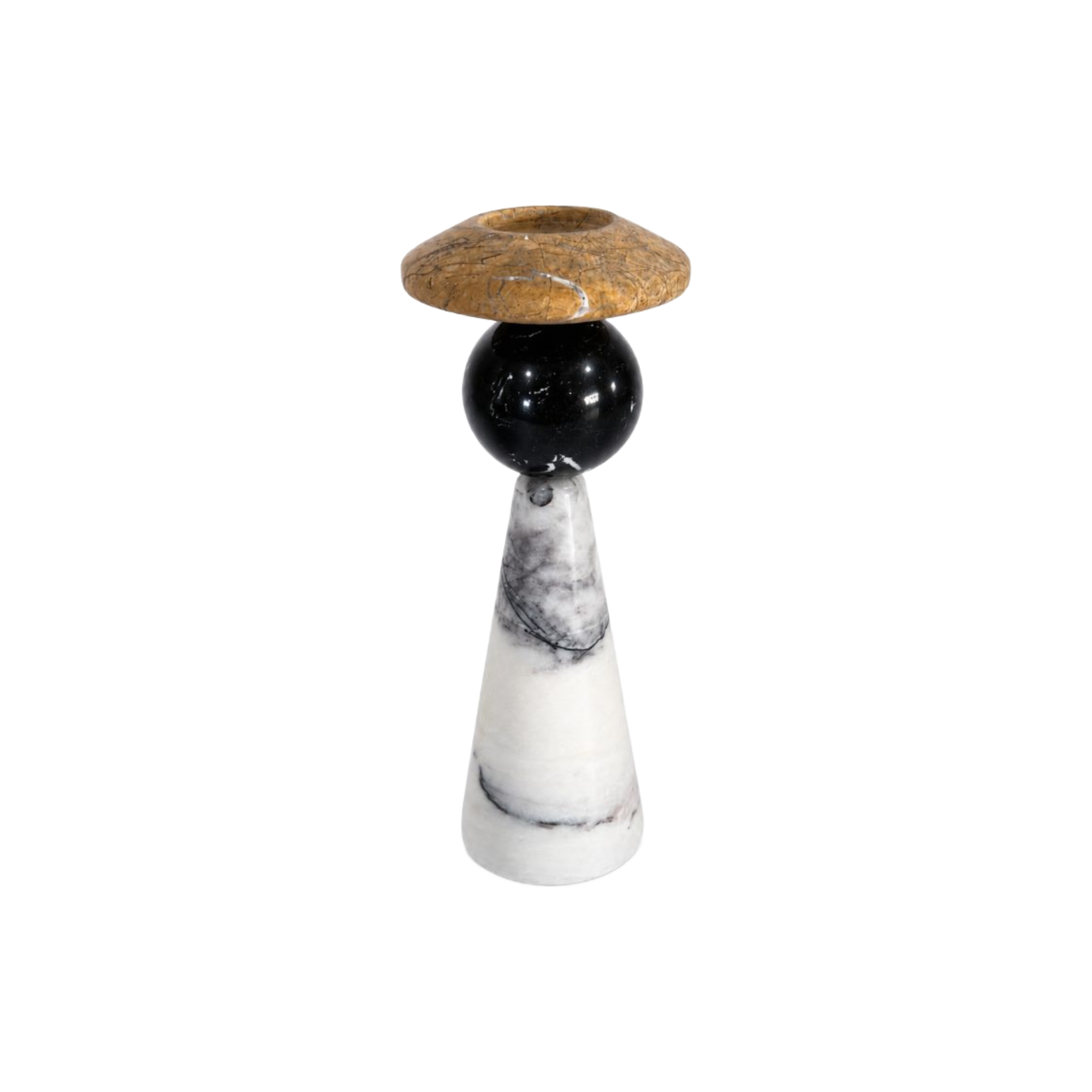 Candelabro pequeño de diseño moderno con base cónica de mármol blanco, esfera negra y porta vela de piedra natural.