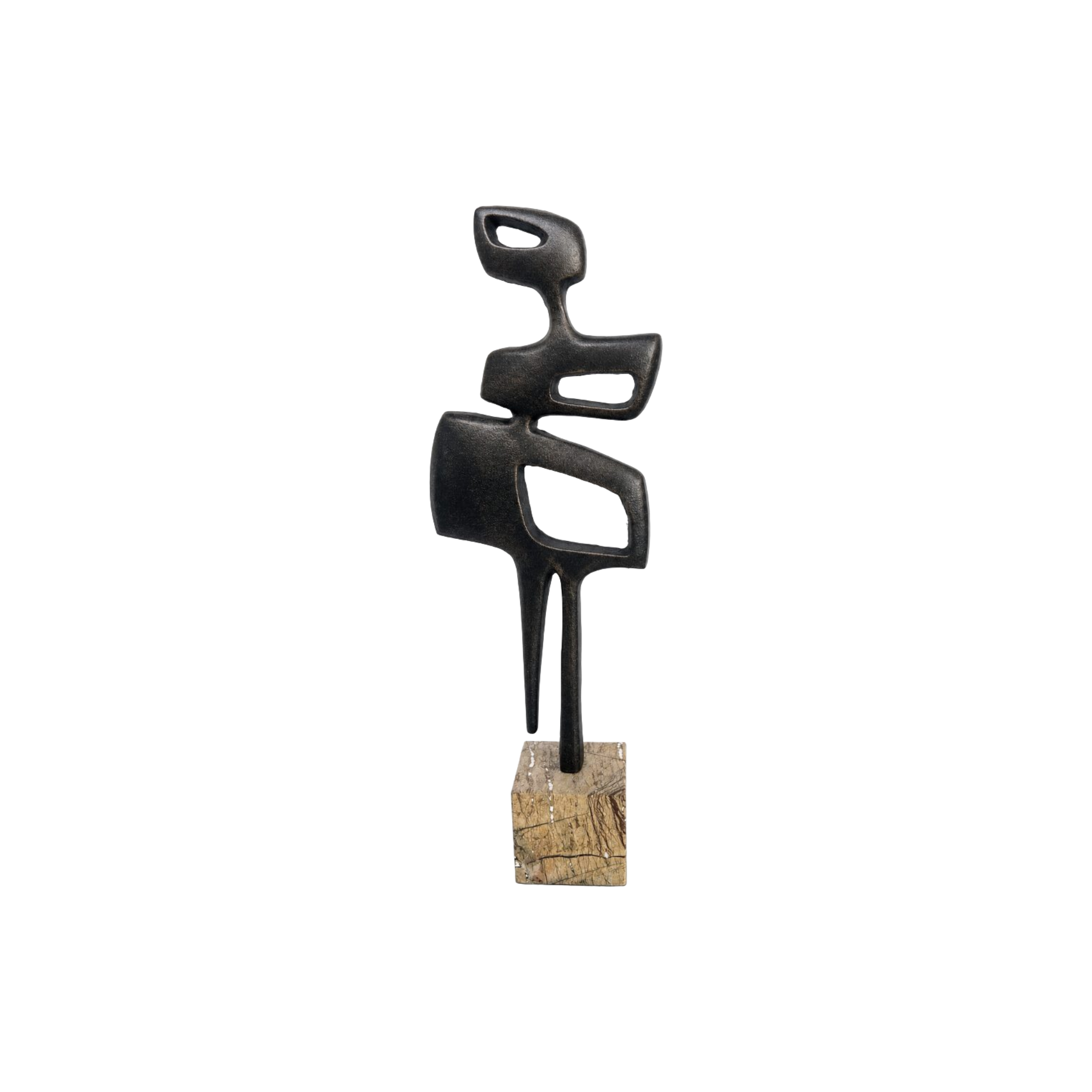 Escultura abstracta moderna de metal oscuro sobre base de mármol. Obra de arte decorativa.
