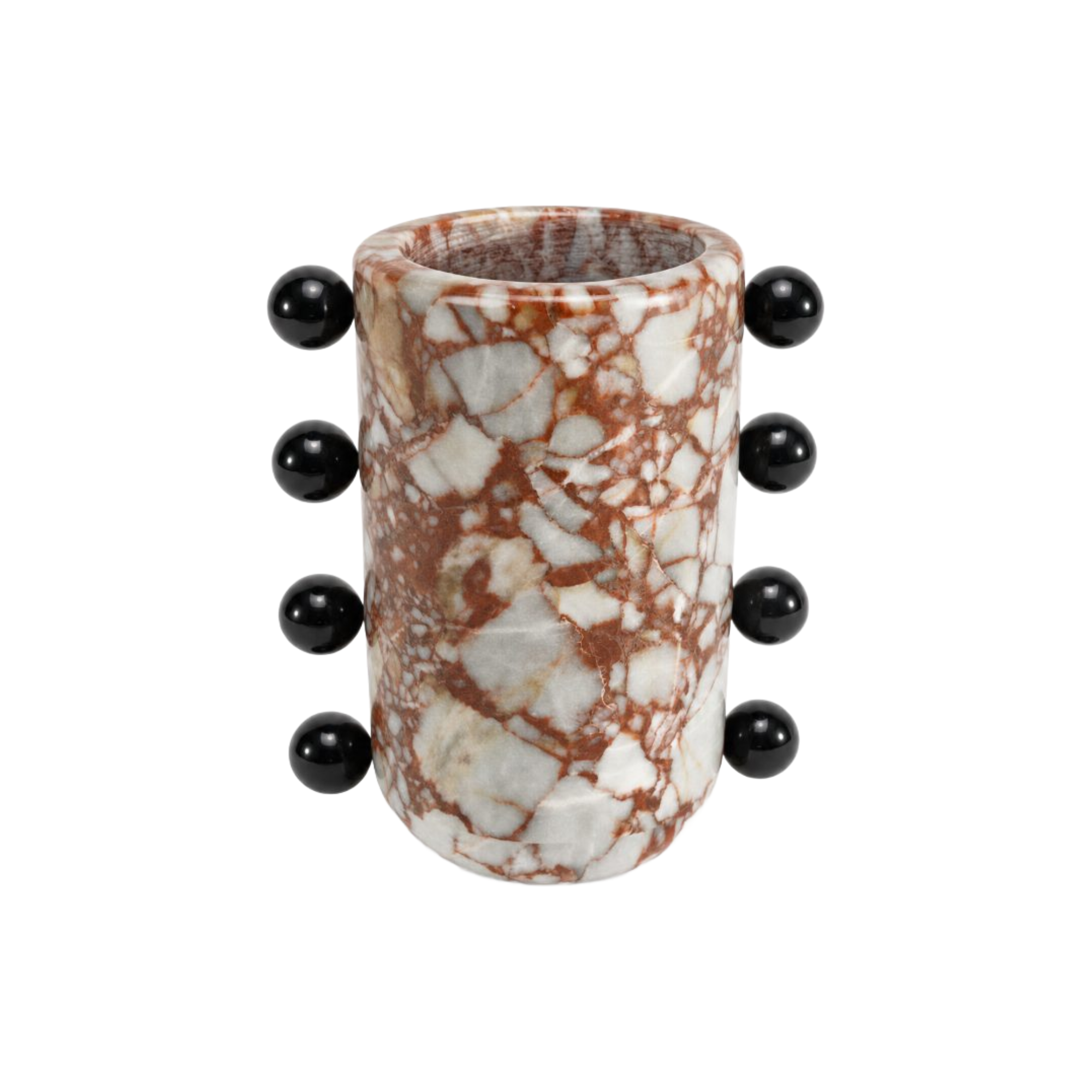 Jarrón decorativo de mármol blanco y rojo con 8 esferas negras, ideal para el hogar.
