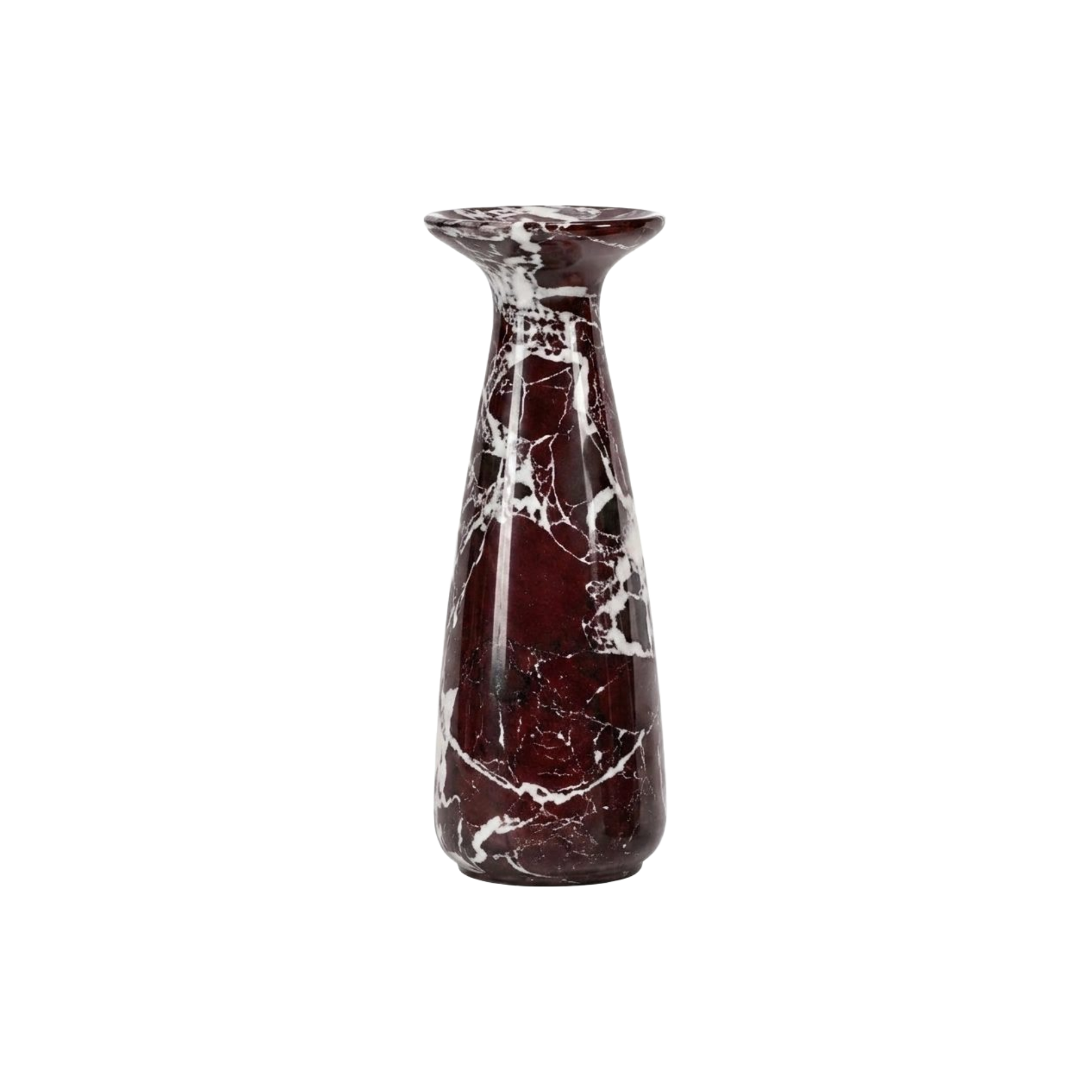 Candelabro grande de mármol rojo y blanco con vetas, vista frontal.