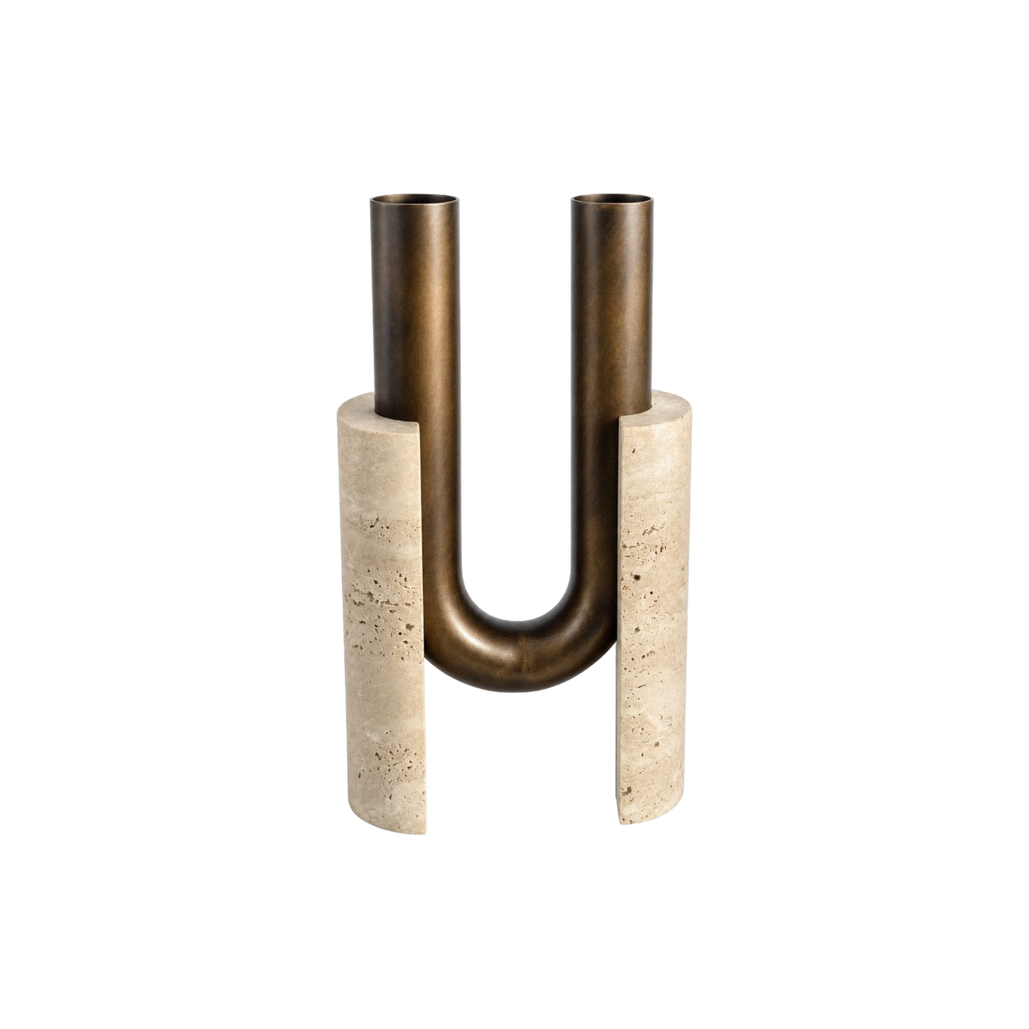 Portavelas doble de bronce y travertino con diseño moderno y minimalista para decoración de lujo.