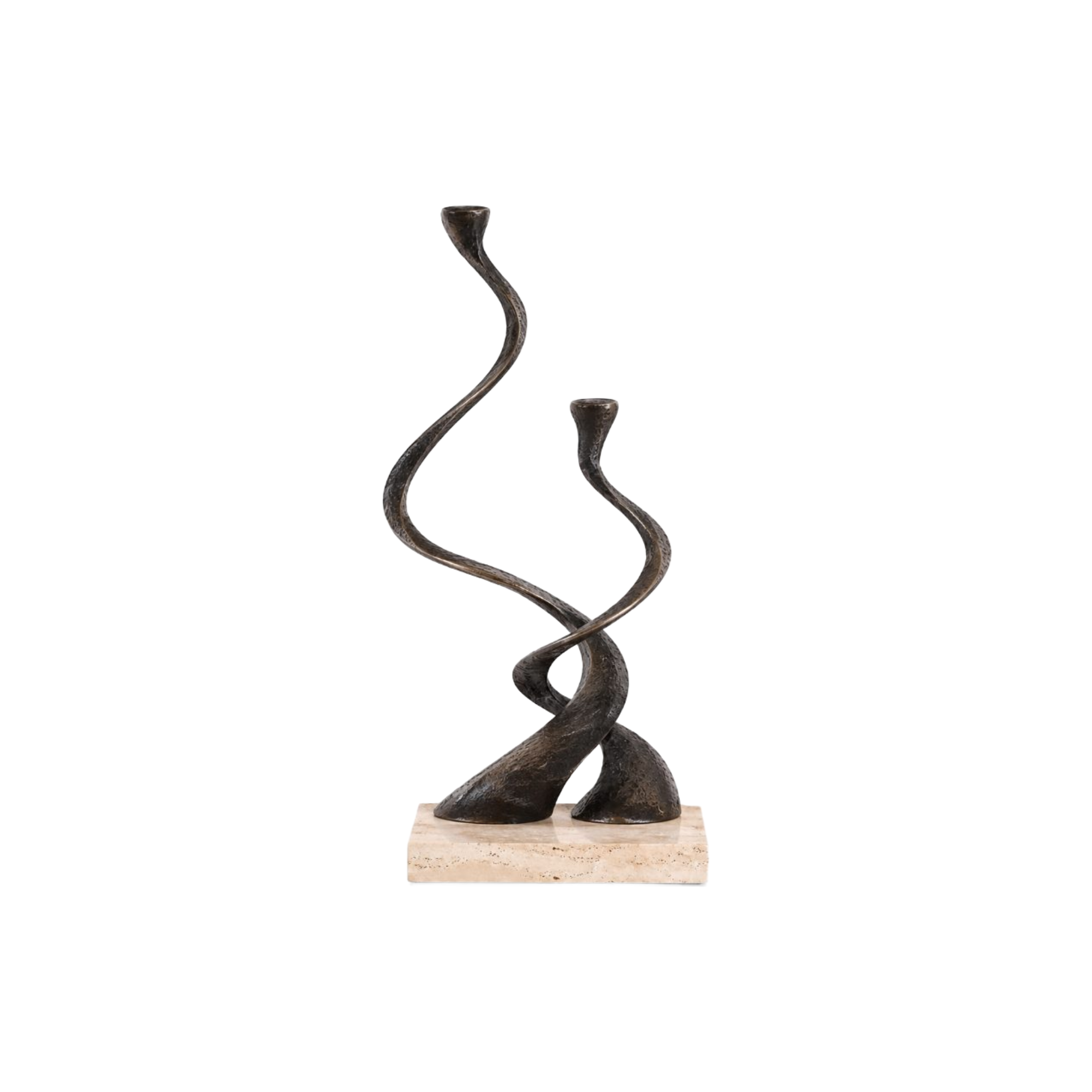 Escultura candelabro abstracta de bronce con formas curvas sobre base de piedra clara, ideal para decoración.