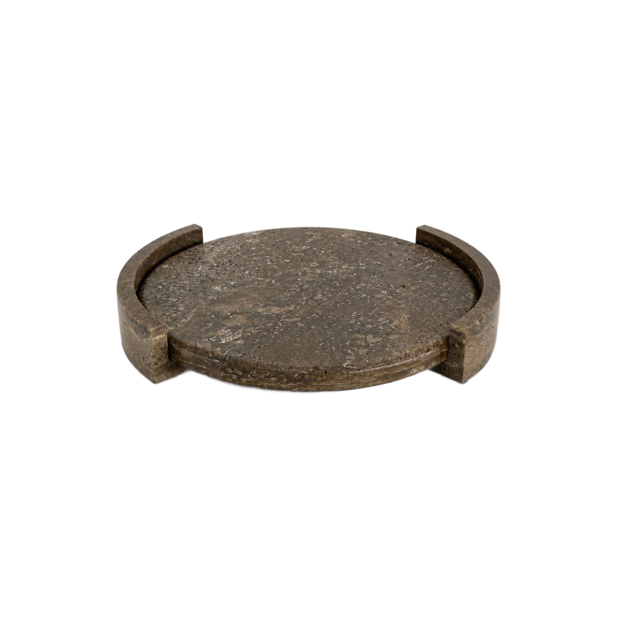 Bandeja decorativa redonda de lujo en tono oscuro con textura mineral y bordes semicirculares.