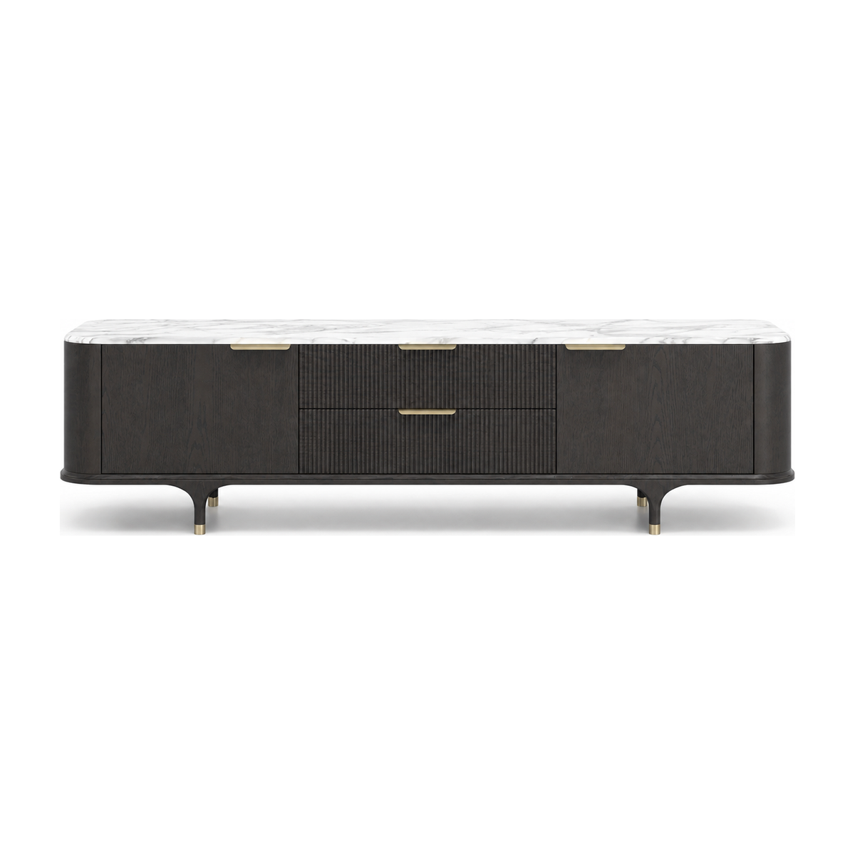 Mueble de TV moderno y elegante en madera oscura con textura acanalada, tiradores dorados y una