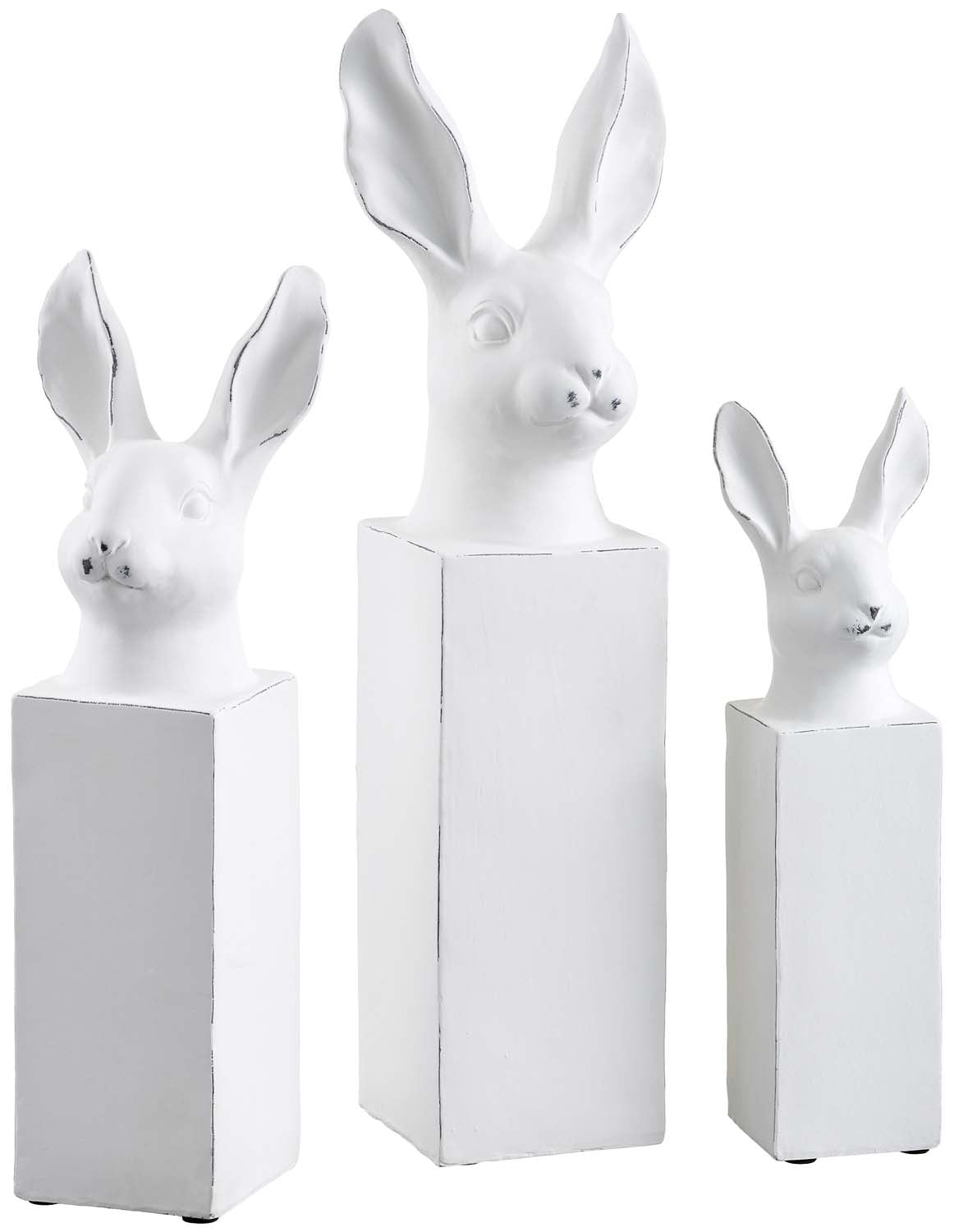 Set de tres bustos de conejos blancos decorativos sobre pedestales cuadrados con acabado vintage envejecido