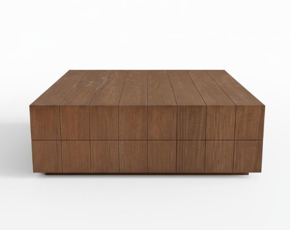 Mesa de centro cuadrada Bloc de madera oscura, vista frontal. Diseño moderno y robusto para salón.