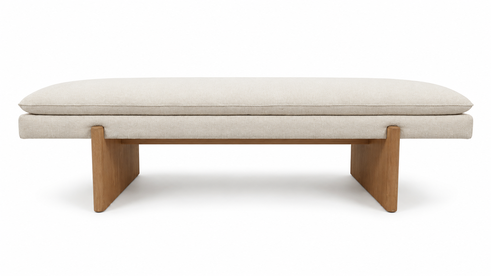 Banca Aster tapizada en tela beige claro con base de madera maciza, vista frontal y diseño moderno.