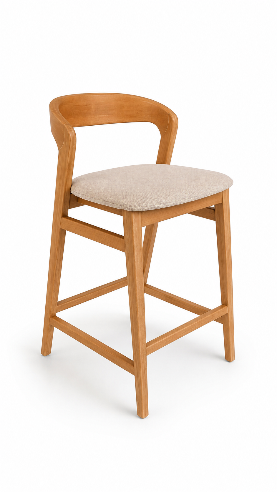 Silla de barra Barda de madera clara con tapizado beige, vista lateral. Diseño personalizable para cocinas modernas.