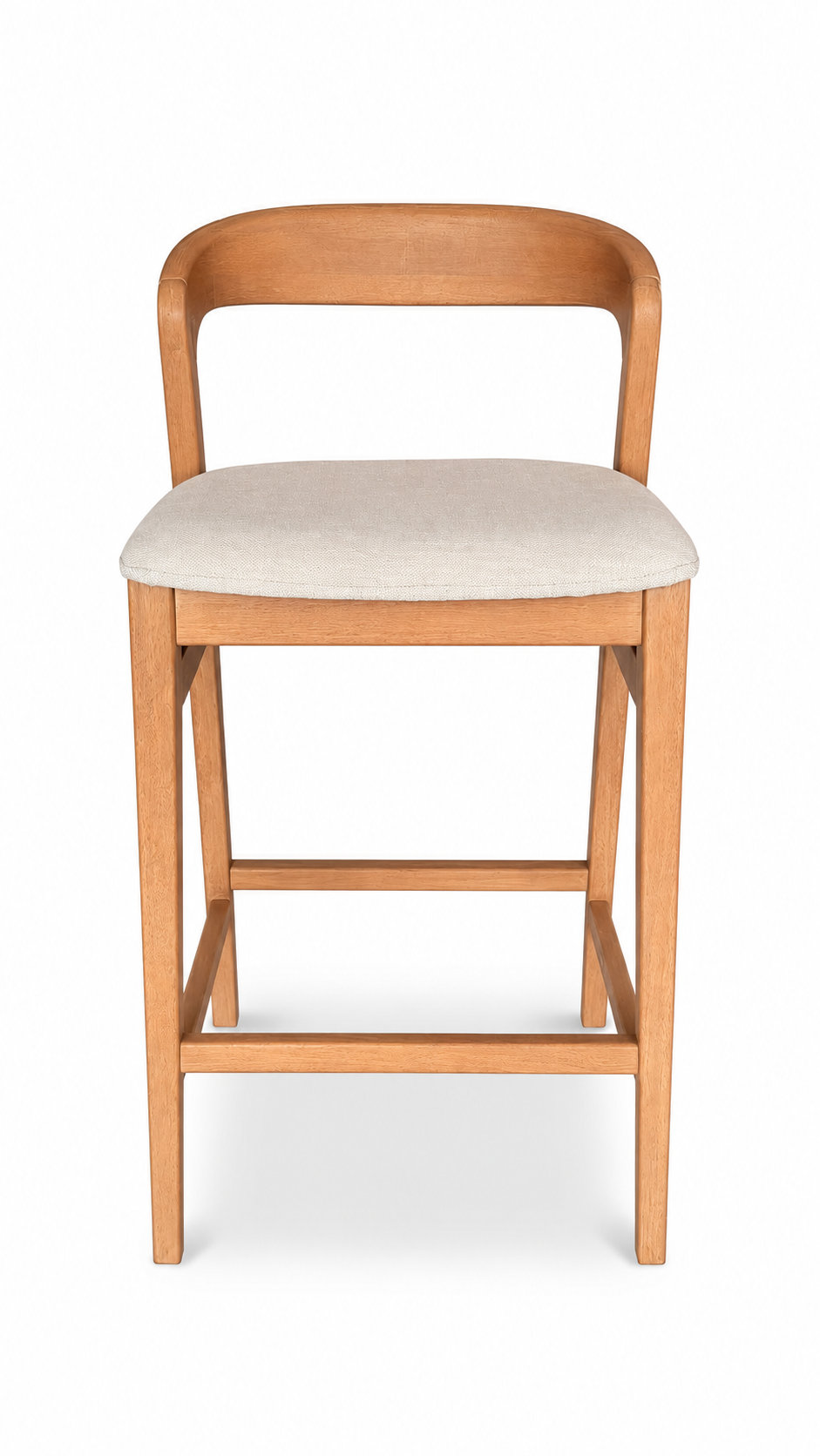 Silla de barra Barda personalizable con asiento tapizado, estructura de madera clara, vista frontal. Estilo exclusivo.