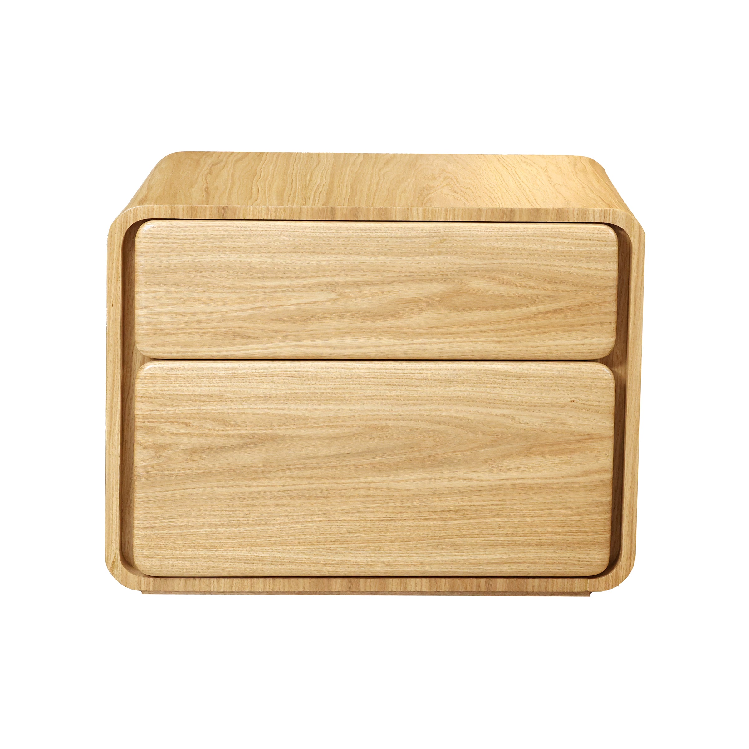 Nochero Abby de roble europeo con dos cajones, vista frontal.