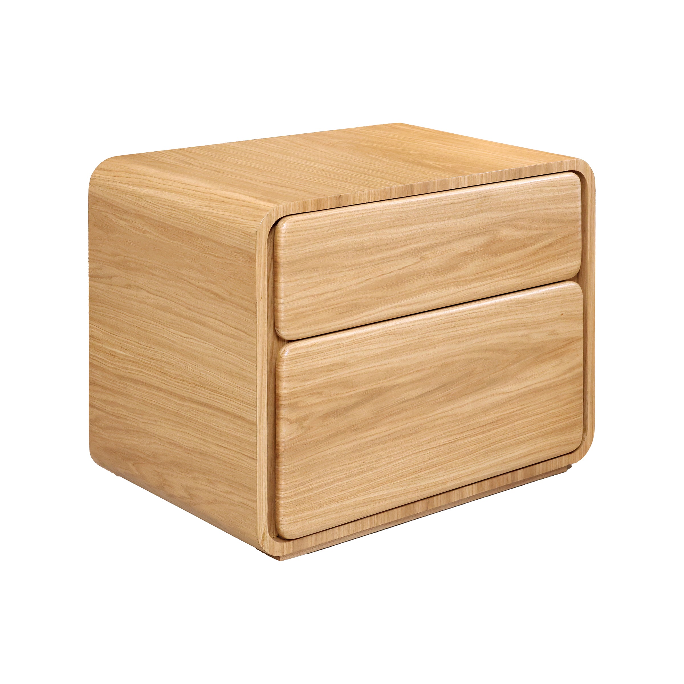 Nochero Abby de roble europeo con diseño moderno y esquinas redondeadas, vista en ángulo.