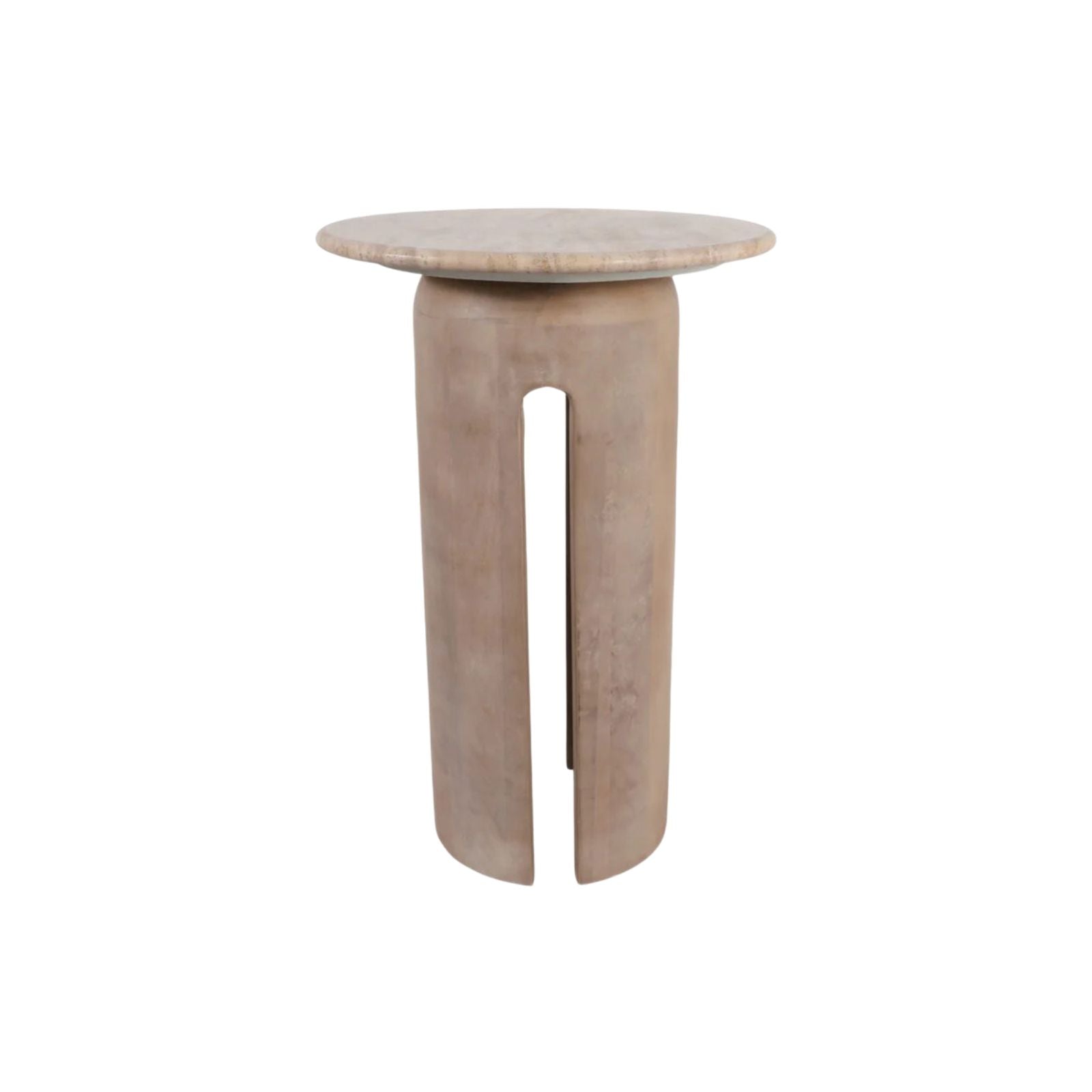 Mesa auxiliar redonda escultural moderna en tono natural beige con base cilíndrica y abertura vertical.