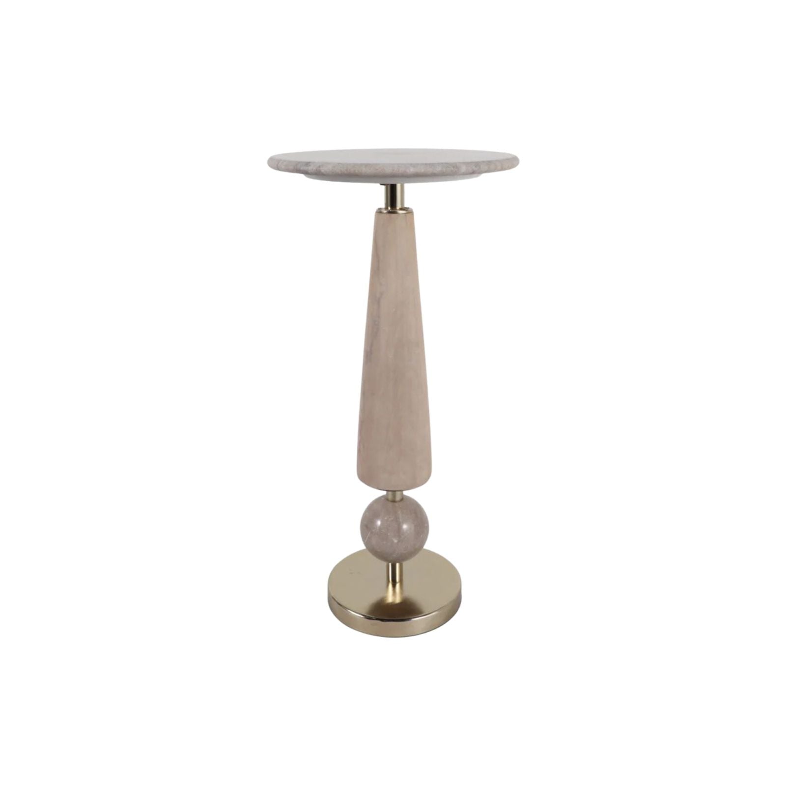 Mesa auxiliar alta de diseño exclusivo con tapa de mármol gris, columna de madera clara y base dorada.
