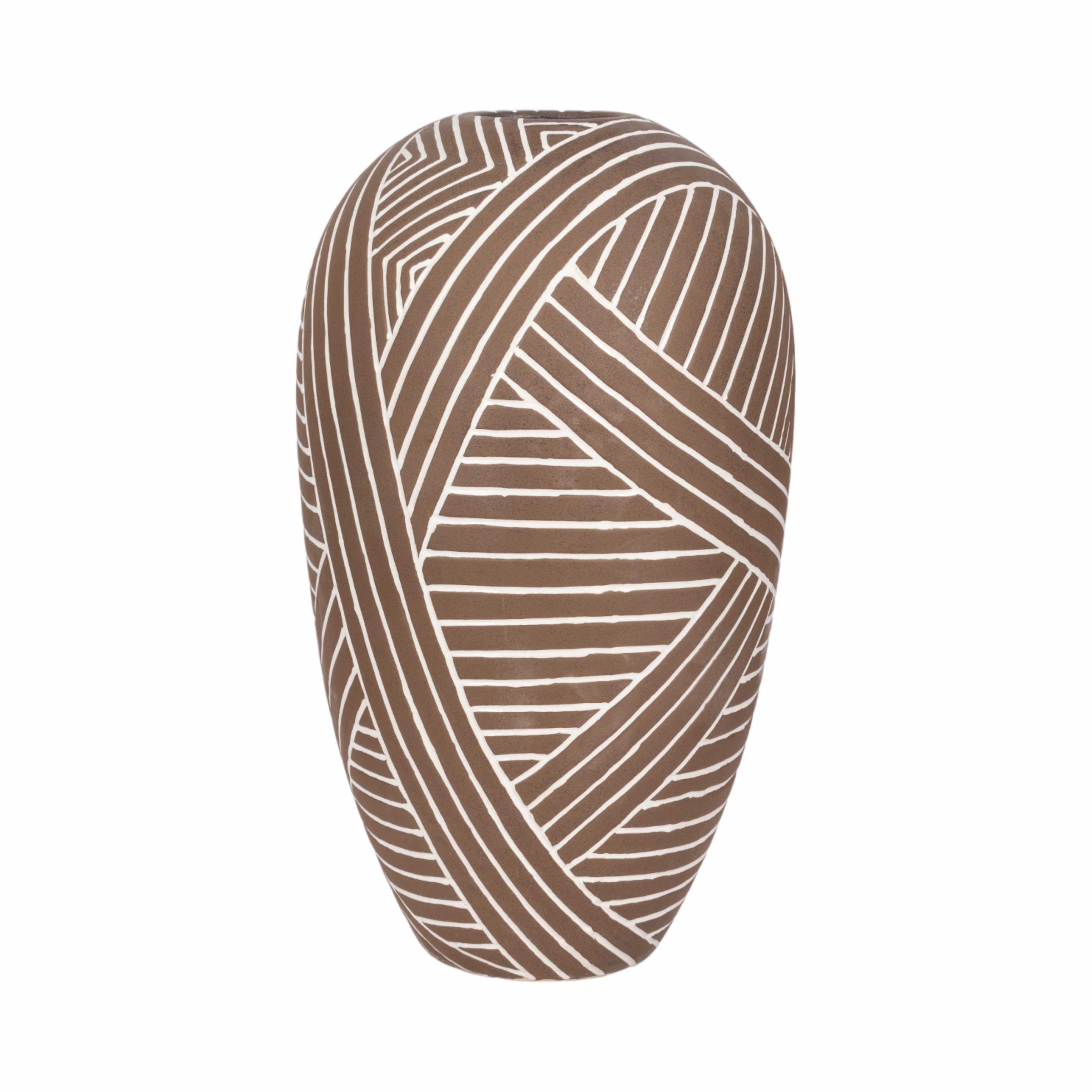 Jarrón ovalado marrón con diseño blanco para interiores - Vilá Decoración - Muebles y decoración en Medellín y Colombia