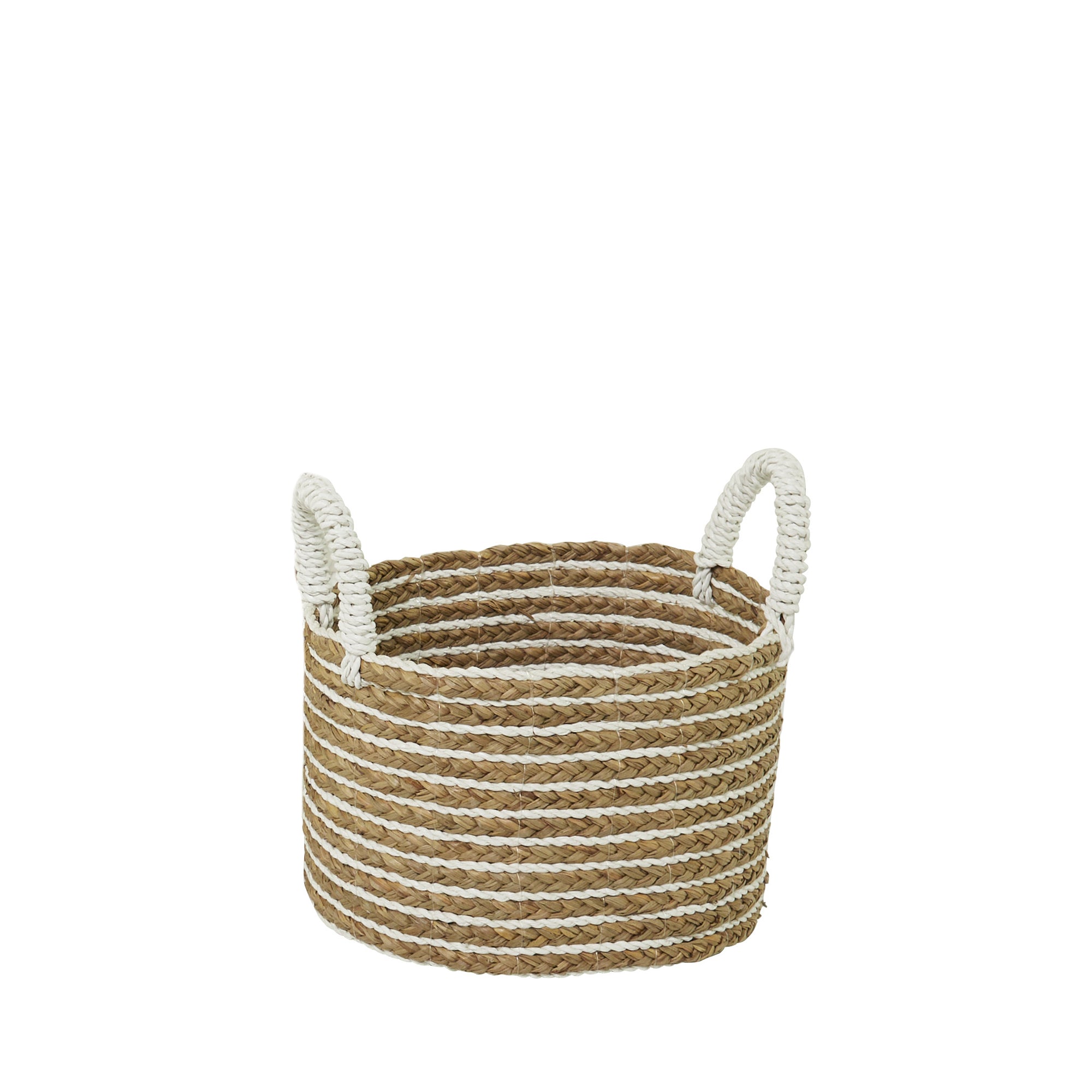 Canasta pequeña tejida natural con asas blancas - Vilá Decoración - Muebles y decoración en Medellín y Colombia