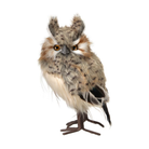 Búho decorativo de plumas en tonos marrones y beige con ojos ámbar, ideal para adornos de lujo en