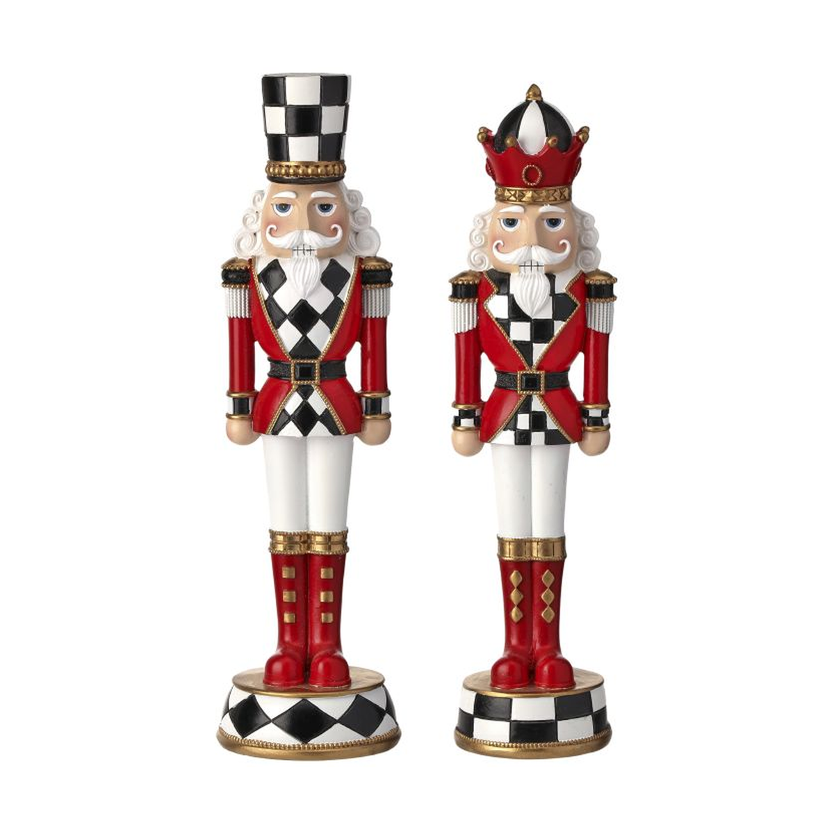 Par de cascanueces decorativos de lujo en rojo, blanco y negro con detalles dorados, estilo clásico