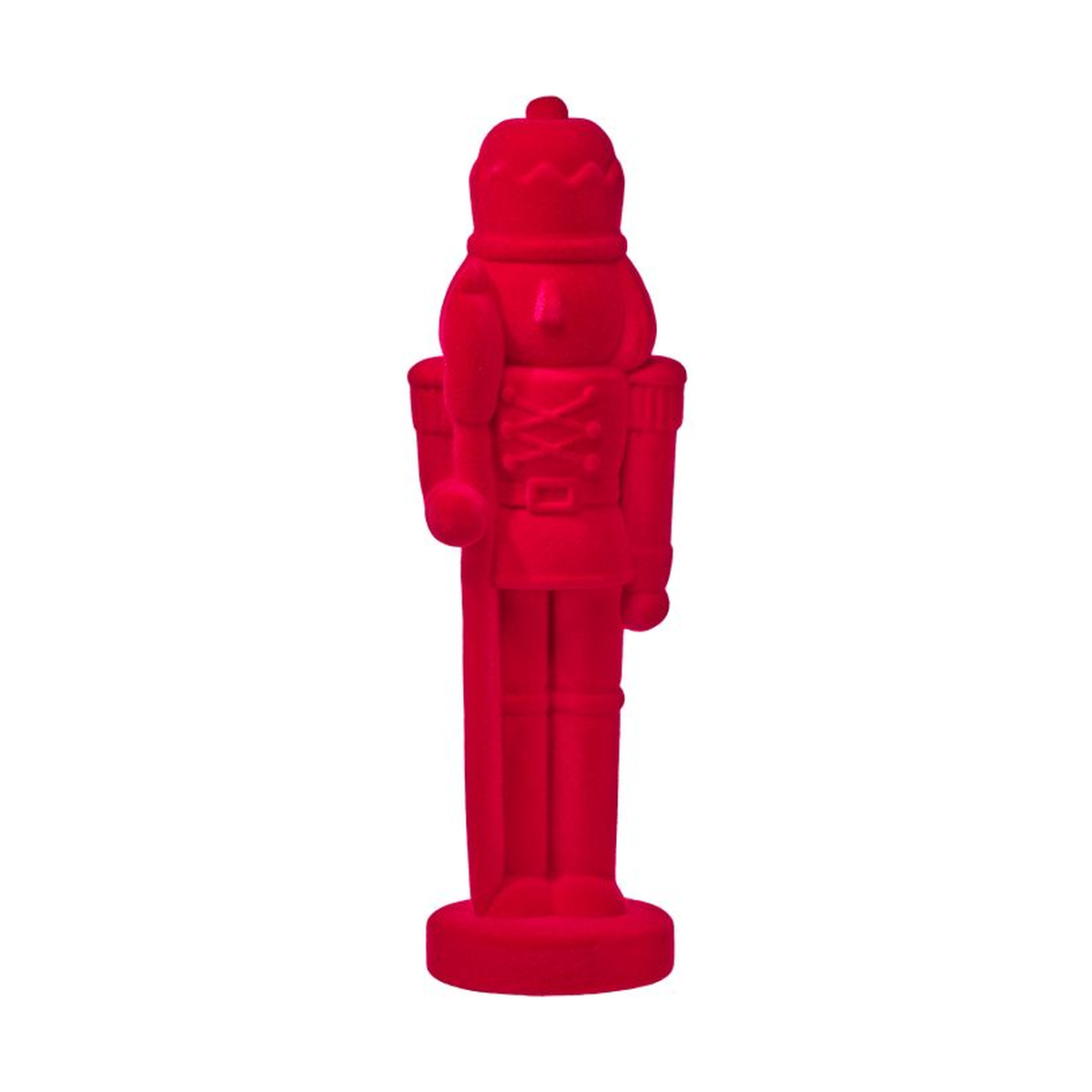 Cascanueces rojo de lujo con acabado aterciopelado, figura militar festiva sobre base redonda