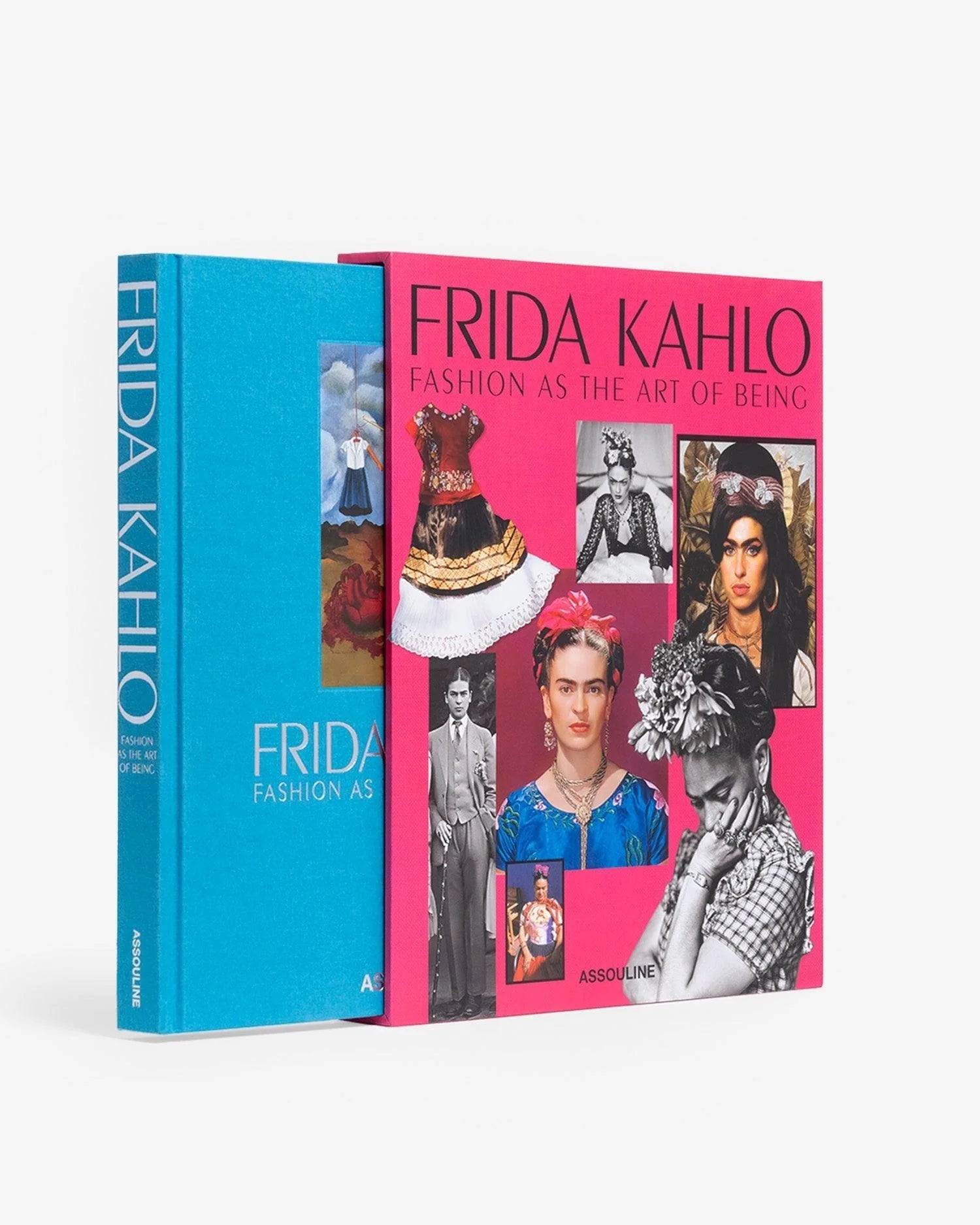 Libro de lujo Frida Kahlo Assouline con estuche protector azul turquesa y portada rosada.