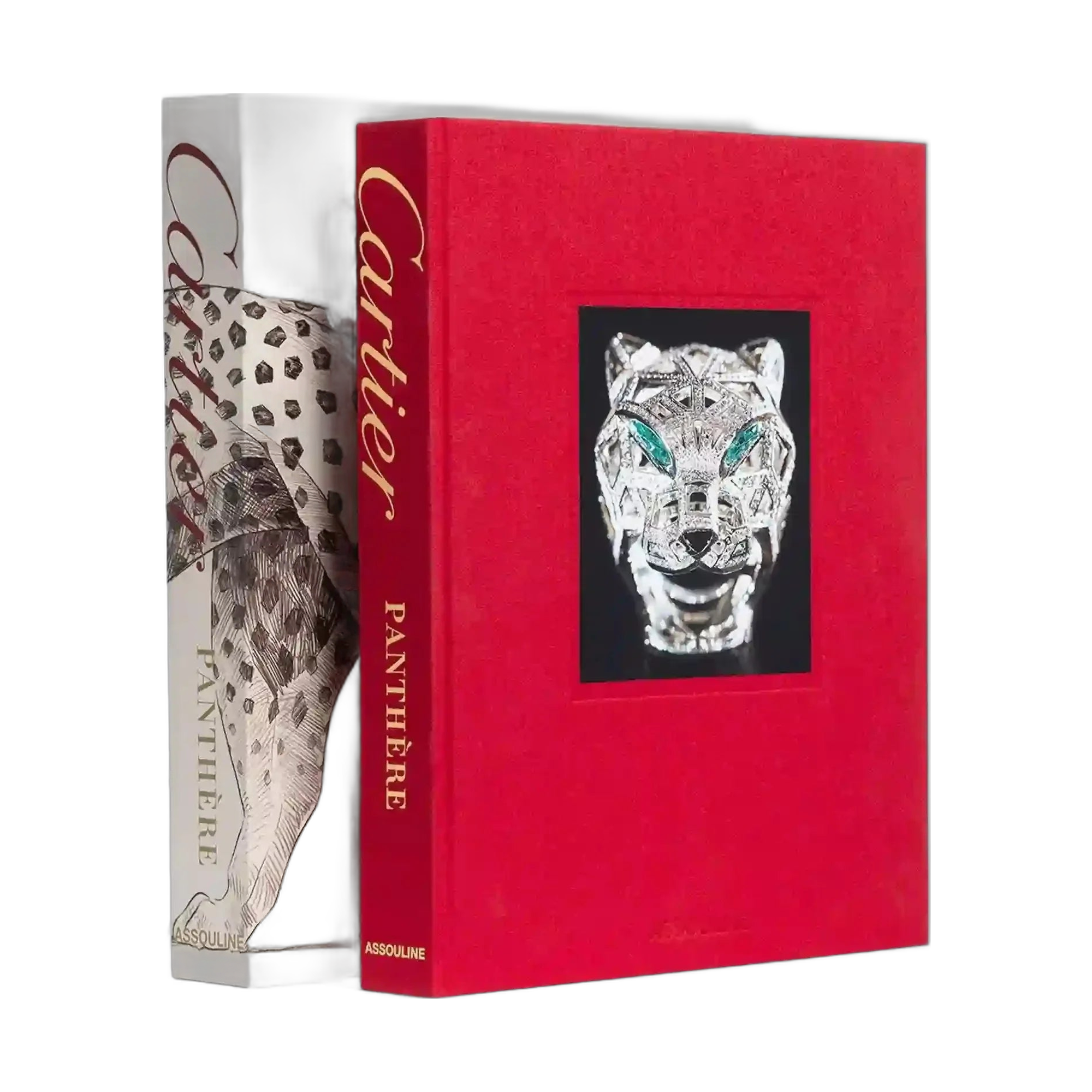 Libro de lujo Cartier Panthère rojo con joya de pantera esmeralda y diamantes, de la editorial Assouline, con estuche estampado.